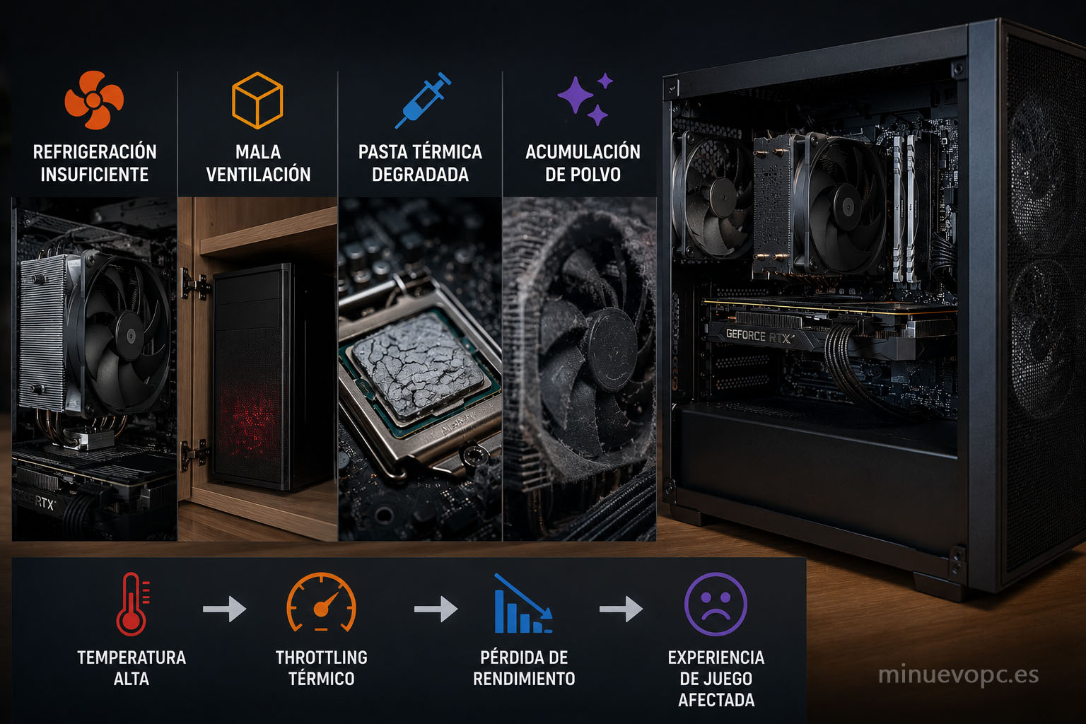 Componentes de un ordenador gaming con iconos de polvo, pasta térmica y ventilación que resumen las causas más comunes del throttling