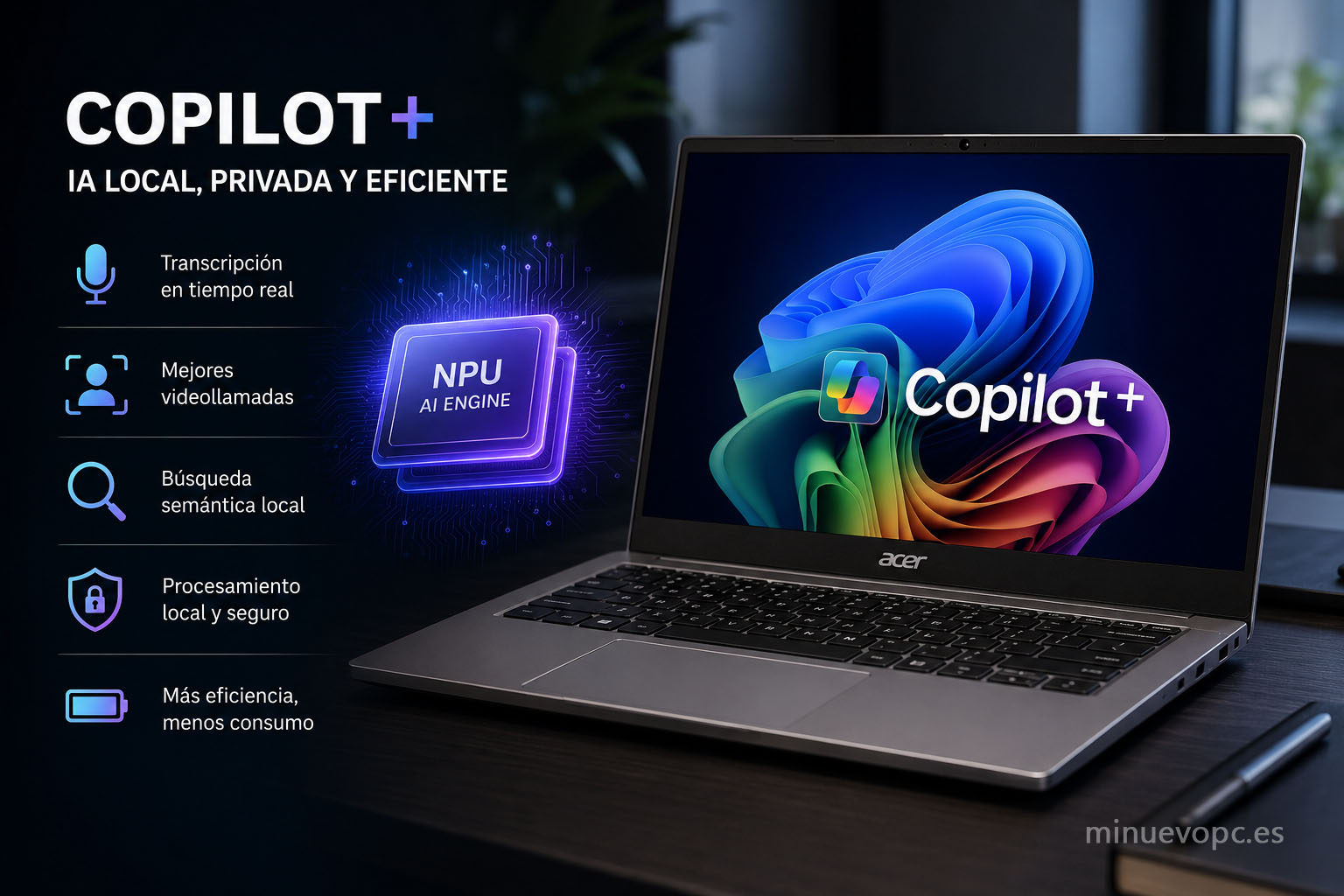 Acer con procesador Intel Core Ultra y funciones de inteligencia artificial representadas mediante iconos de productividad y videollamadas