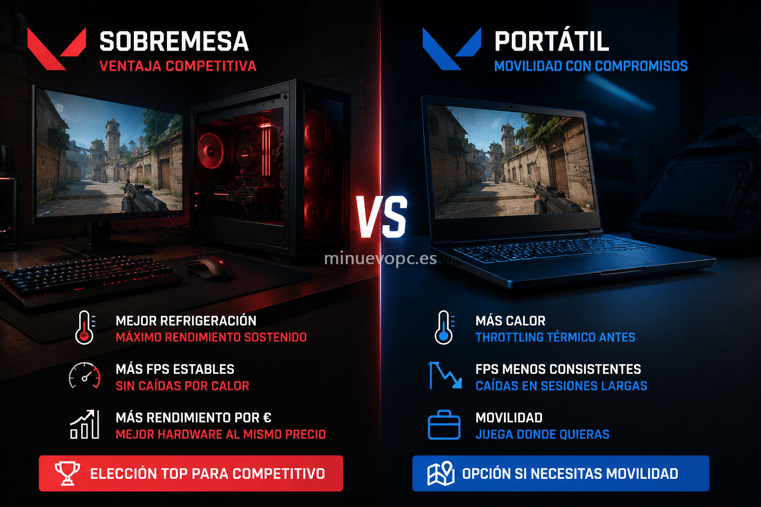 Comparativa entre un PC de sobremesa y un portátil gaming mostrando las diferencias de rendimiento para elegir la mejor opción según tu presupuesto