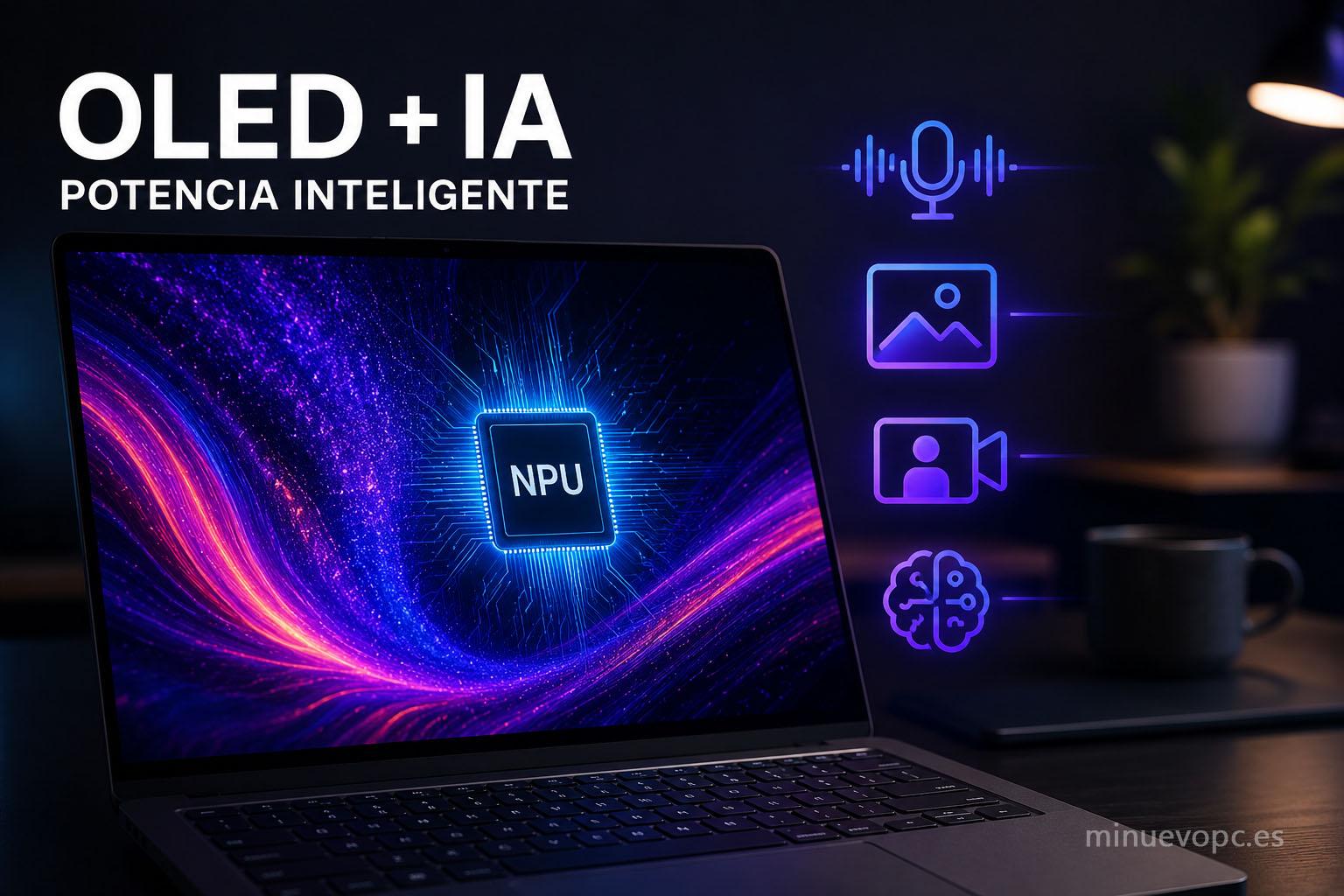 Portátil OLED con procesador de IA y NPU integrada mostrando funciones inteligentes, mayor eficiencia energética y mejor experiencia de uso