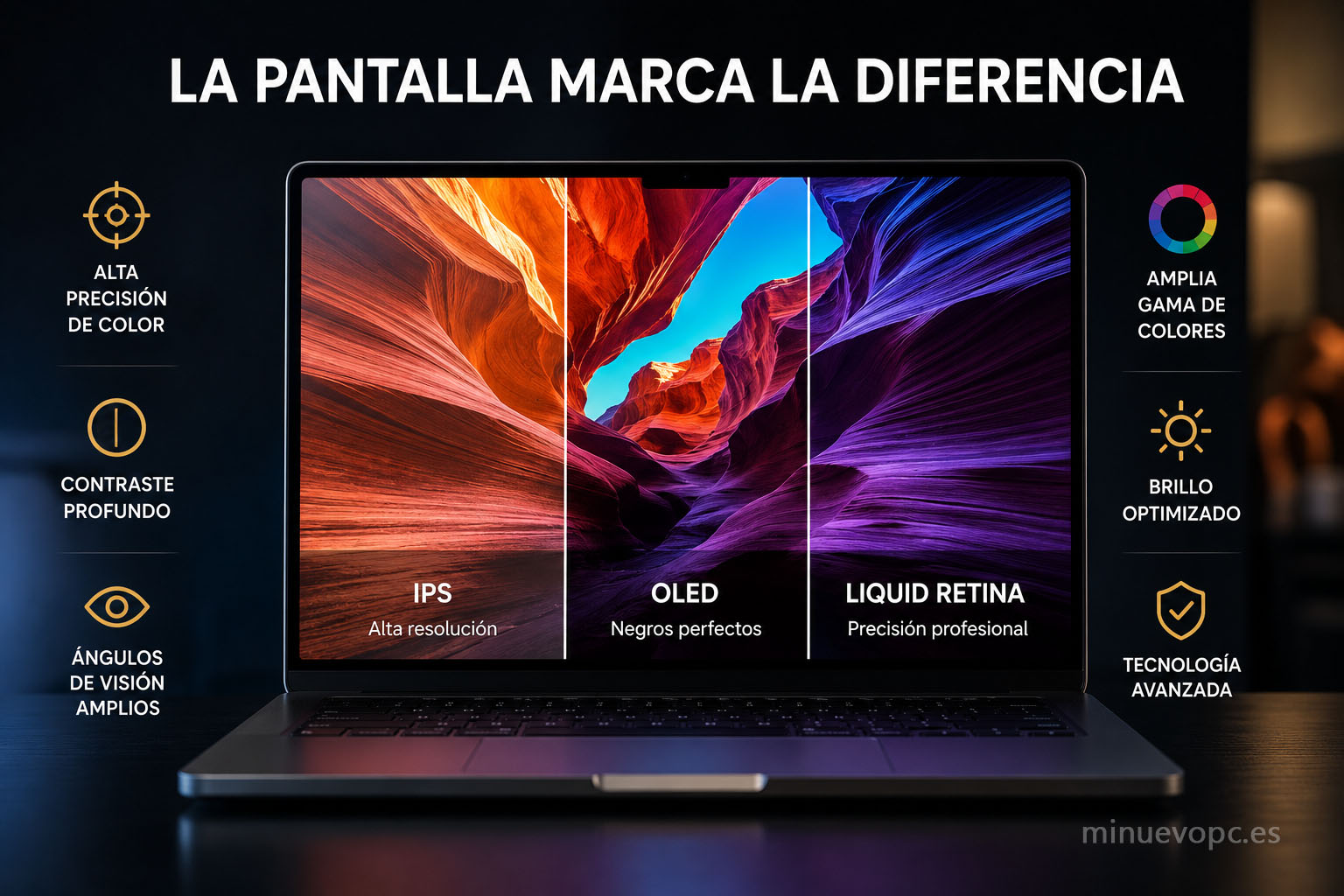 Pantalla de portátil comparando tecnologías IPS, OLED y Liquid Retina con colores intensos para elegir la mejor calidad de imagen