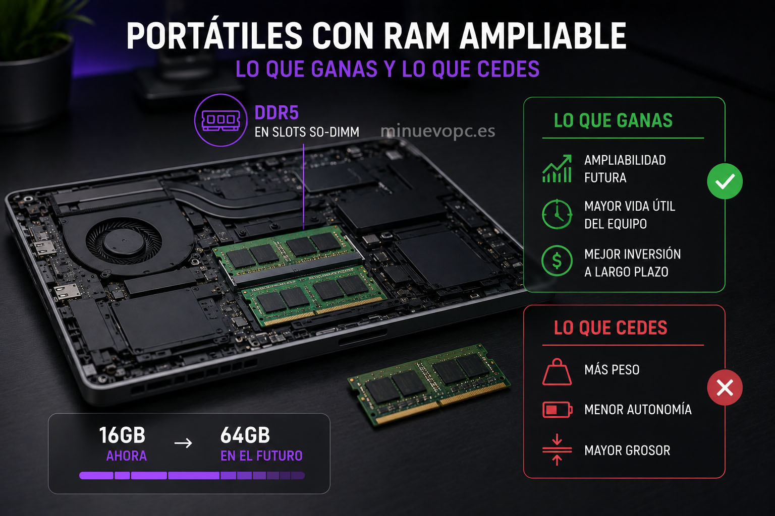Portátil con memoria DDR5 ampliable en slots SO-DIMM ideal para comprar si buscas mayor vida útil, flexibilidad y mejor calidad precio