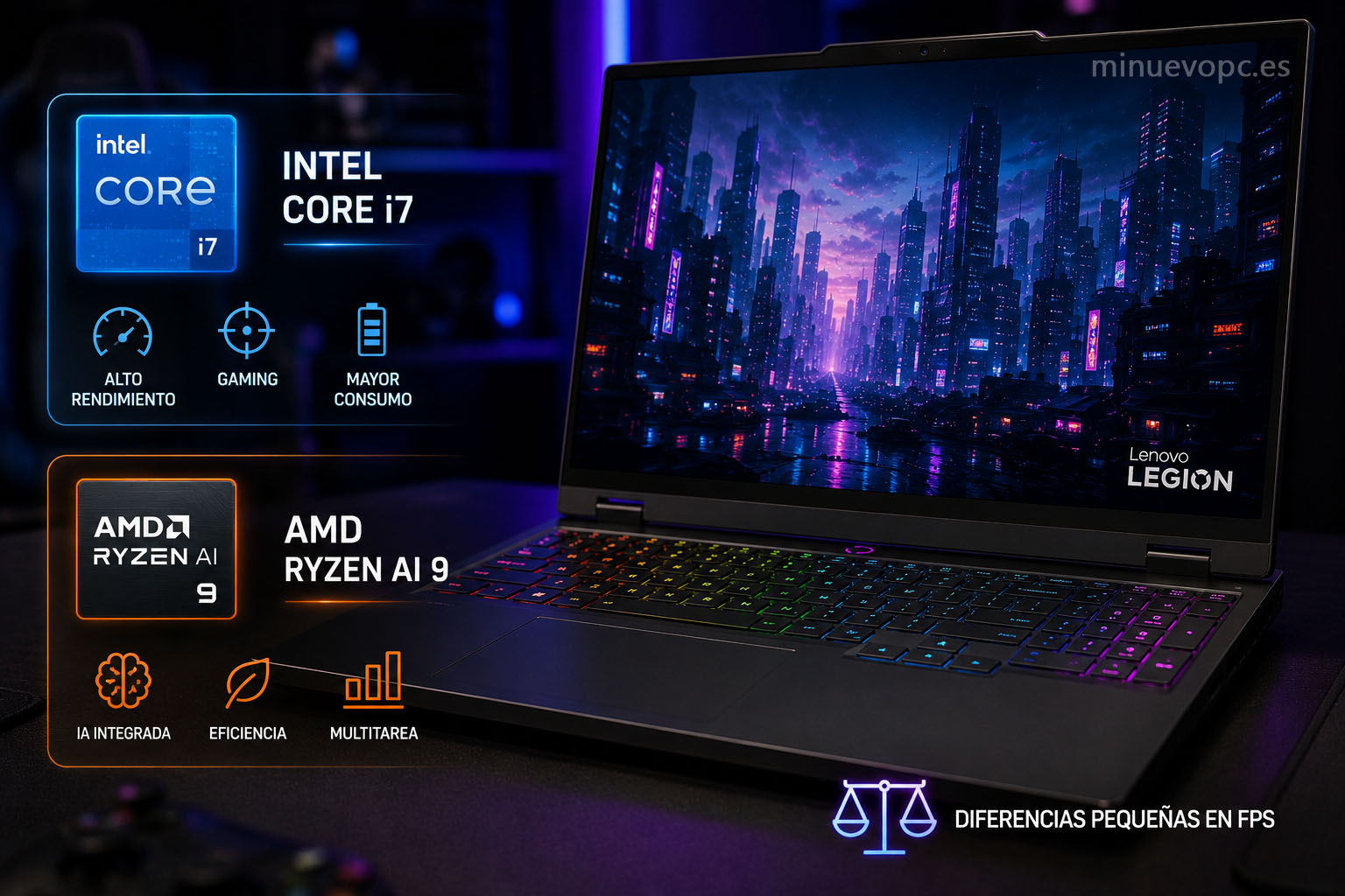 Comparativa visual entre procesadores AMD Ryzen AI e Intel Core i7 en portátiles gaming con RTX 5070 para elegir según el uso