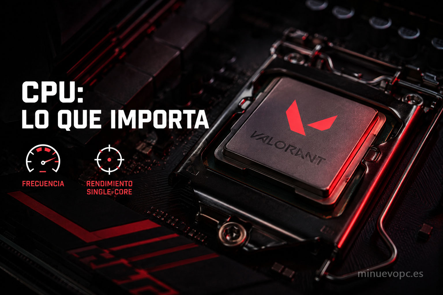 Primer plano de un procesador sobre la placa base con gráficos de frecuencia y rendimiento que muestran la importancia del rendimiento por núcleo en Valorant