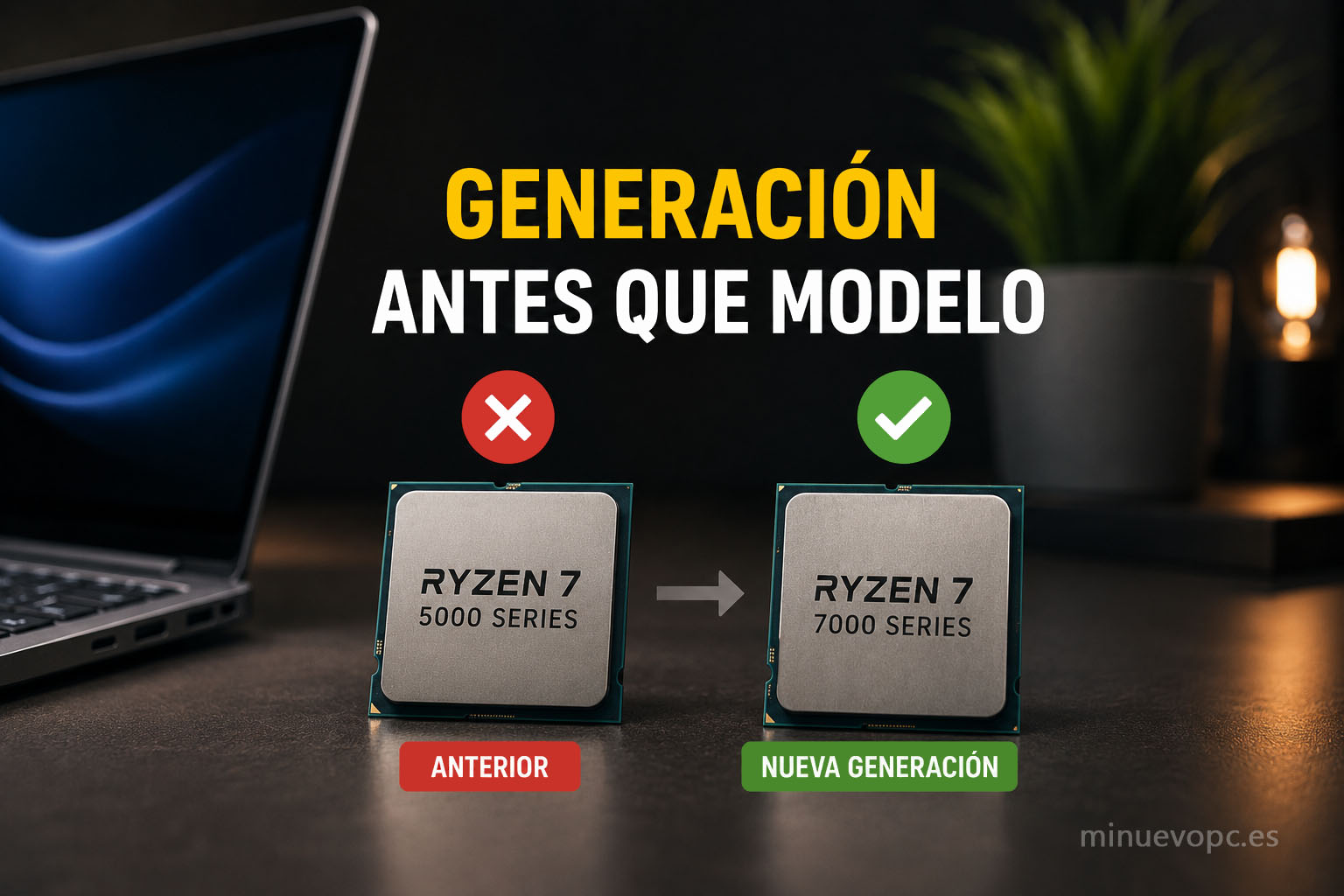 Chip de última generación junto a un ordenador portátil para mostrar la importancia de elegir una arquitectura moderna antes que un nombre comercial