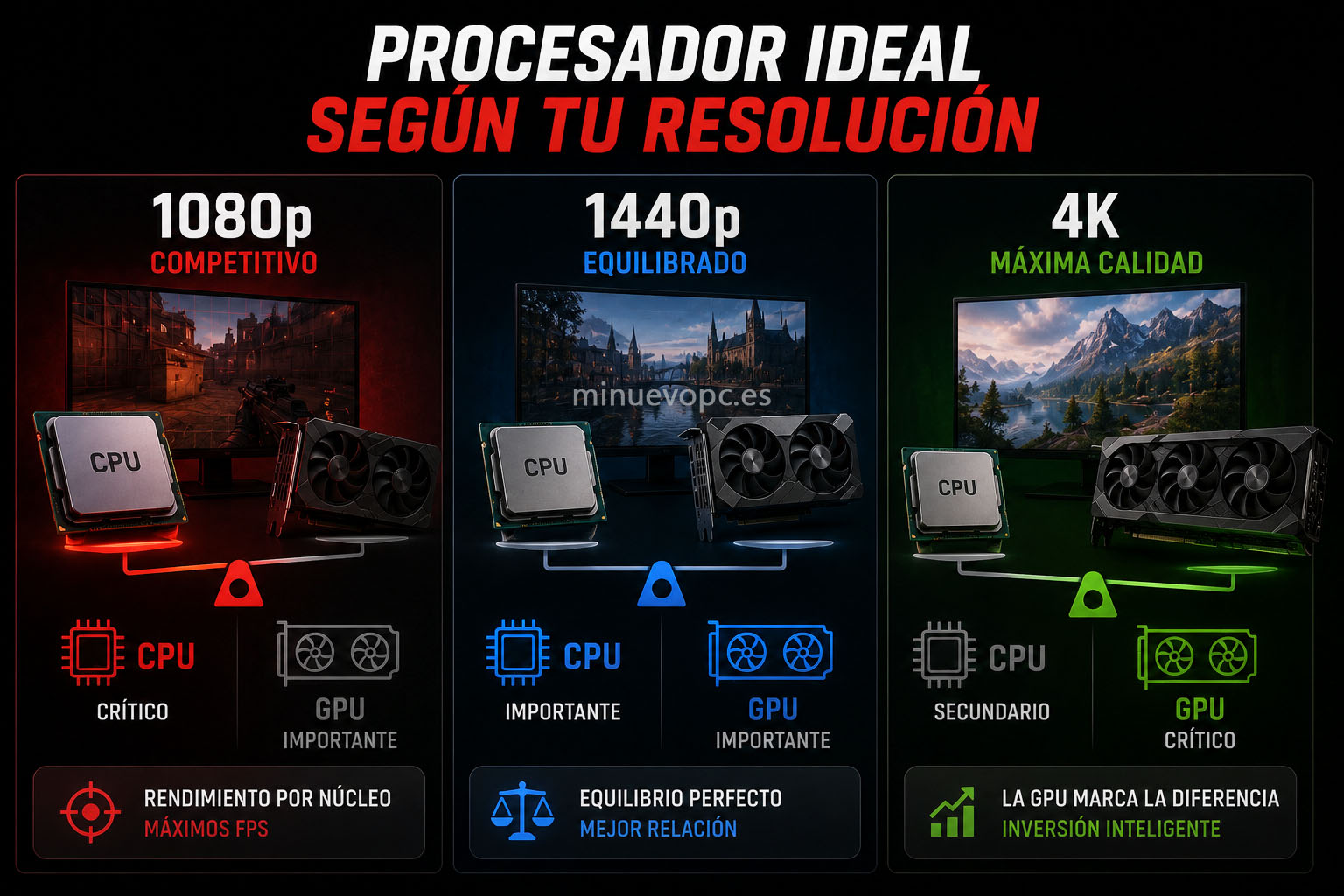 Esquema visual con CPU y GPU para elegir el mejor procesador según juegues en 1080p, 1440p o 4K con buena calidad precio