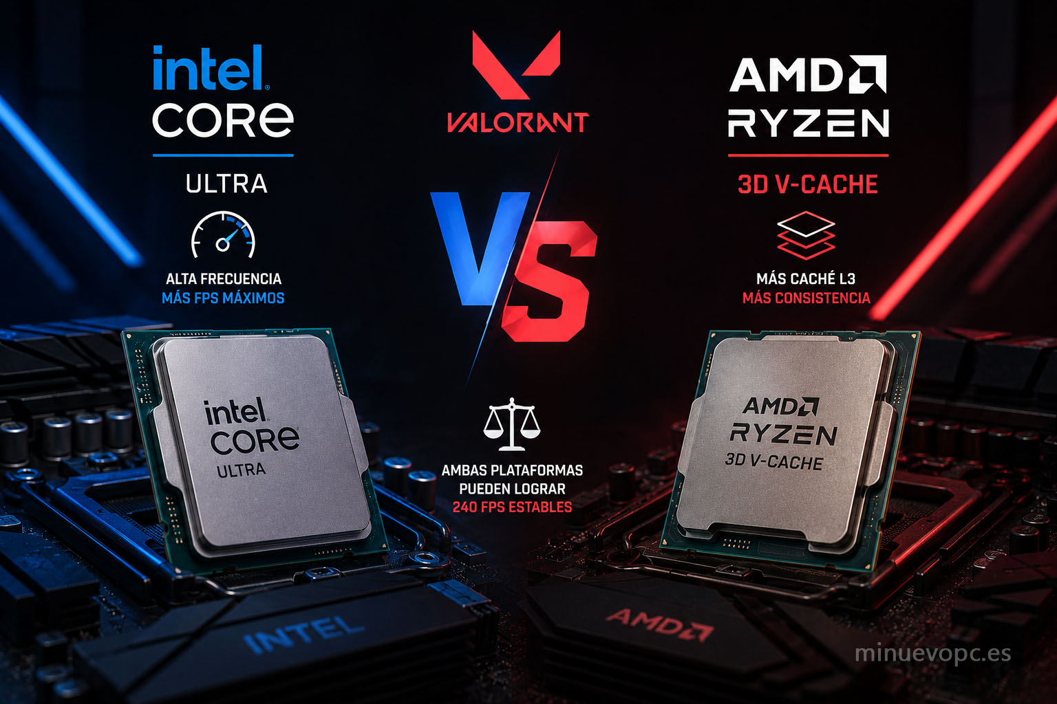 Comparativa visual entre procesadores Intel y AMD con indicadores de frecuencia y caché para elegir el mejor CPU para jugar a Valorant
