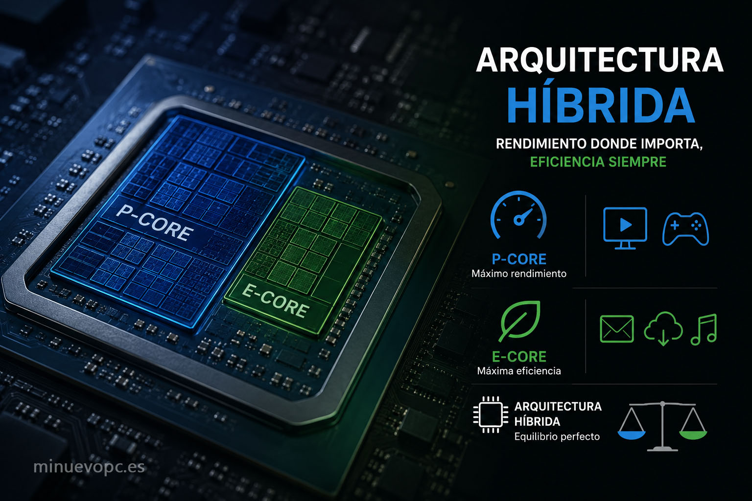 Procesador Intel con P-Core y E-Core que muestra la arquitectura híbrida y sus diferencias de rendimiento y eficiencia para elegir qué CPU comprar