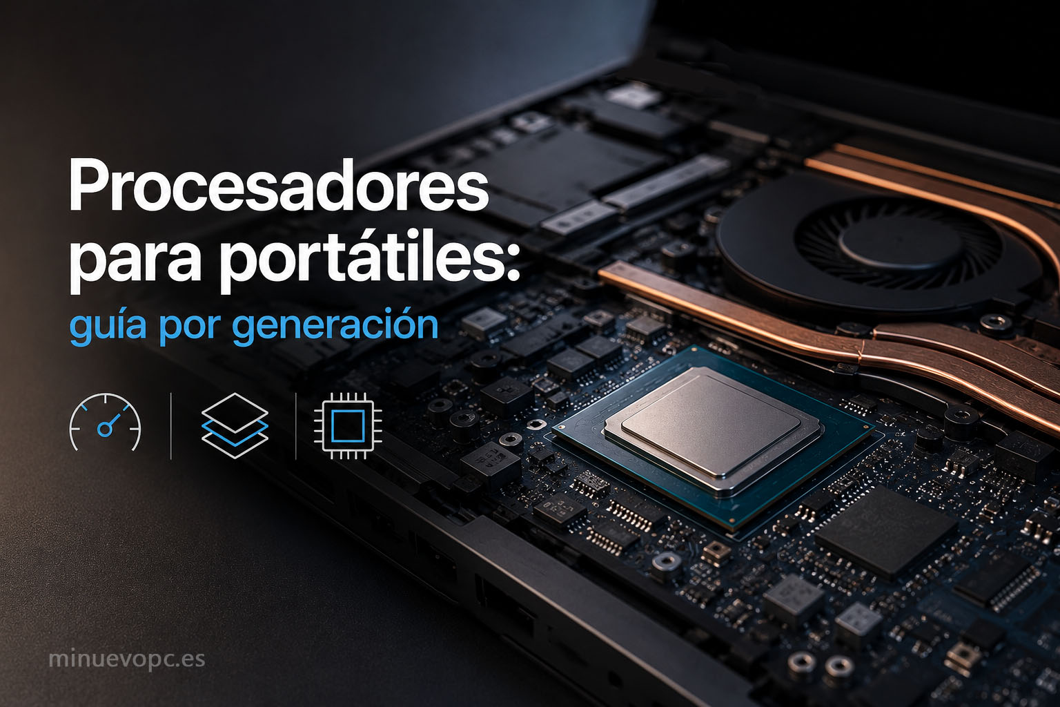 Primer plano de un portátil moderno junto a un procesador de última generación para entender cómo elegir procesadores para portátiles sin equivocarse al comprar