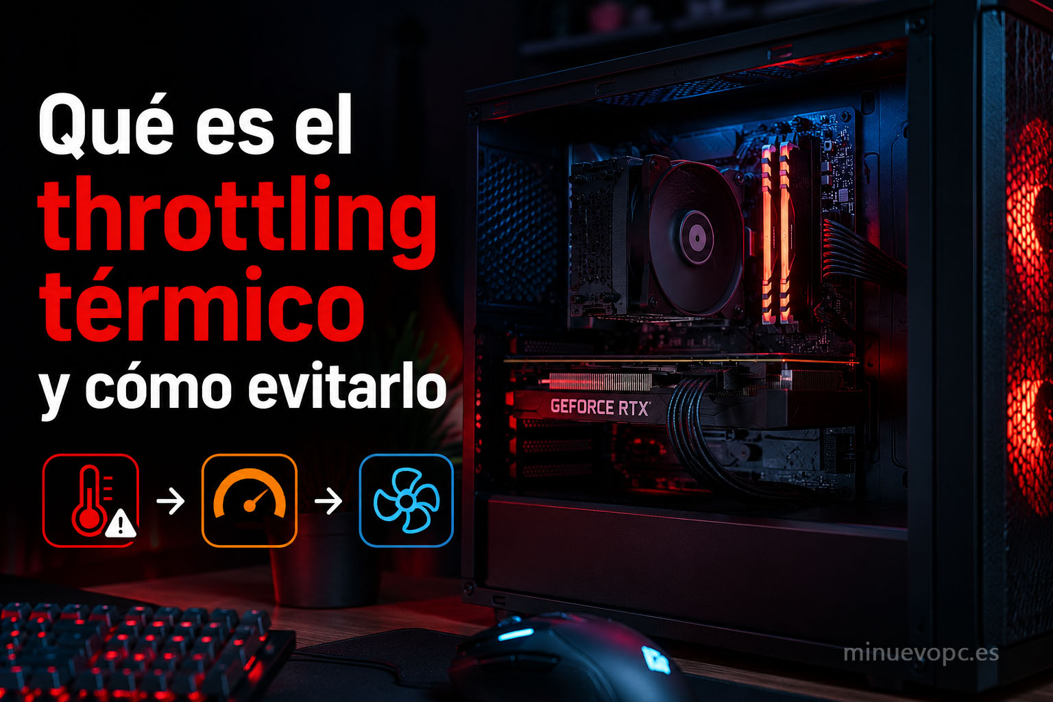 PC gaming moderno con iluminación RGB y efectos de calor mostrando el problema del throttling térmico y cómo evitar la pérdida de rendimiento
