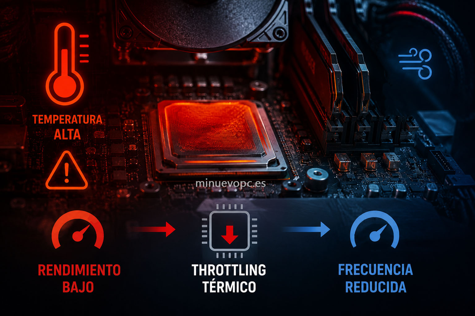 Interior de un PC gaming con CPU y GPU generando calor mientras el sistema reduce el rendimiento para proteger los componentes