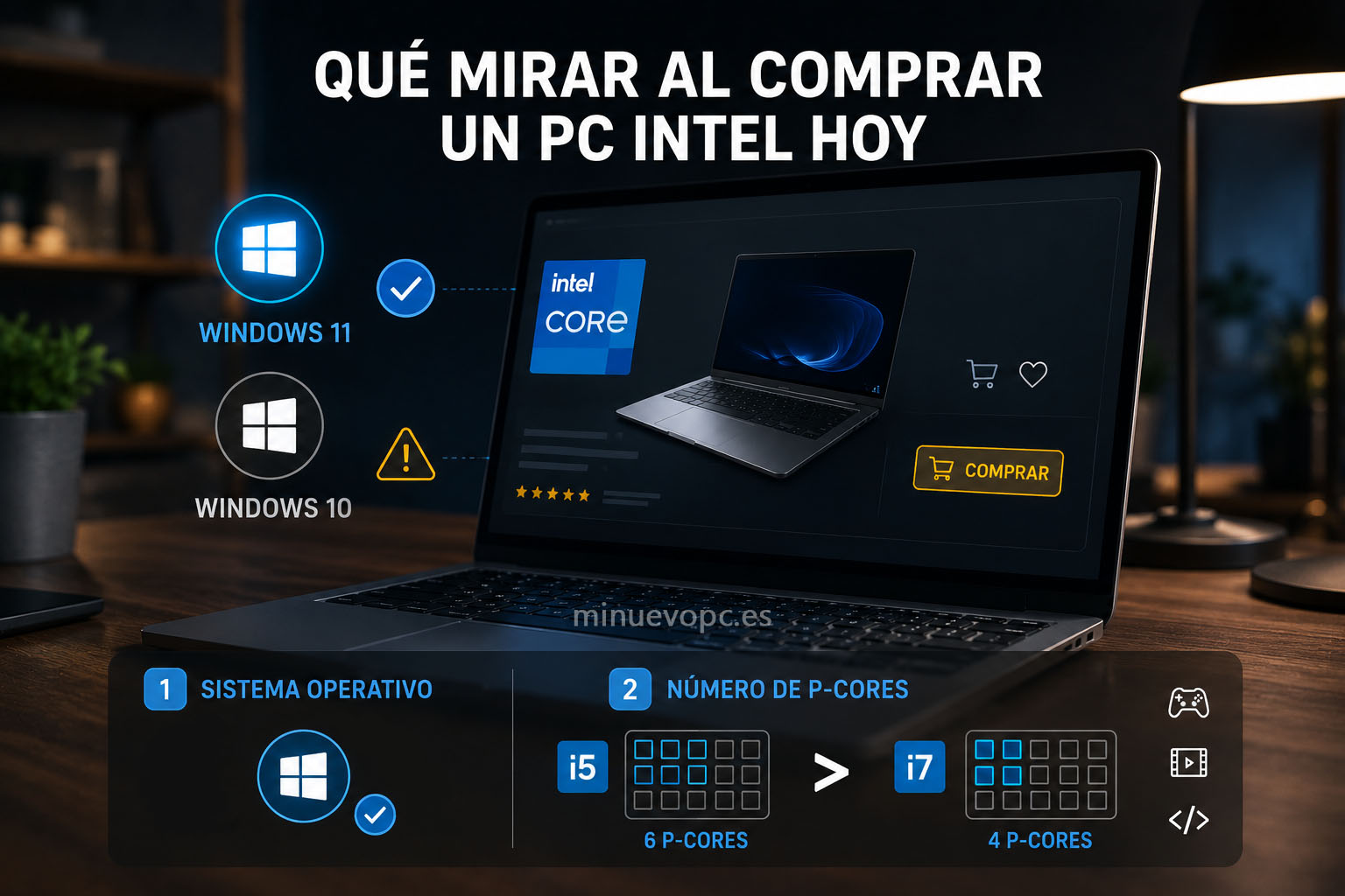 Portátil Intel preparado para comparar opciones de compra, destacando Windows 11 y el número de P-Core como factores clave de rendimiento y calidad precio