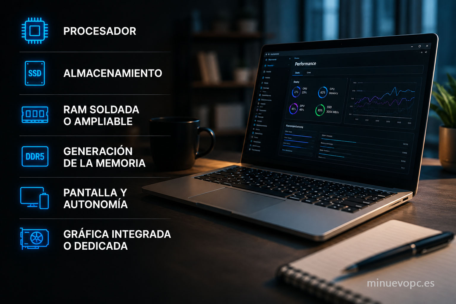Checklist visual con procesador, SSD, memoria DDR5, autonomía y gráfica para elegir un portátil con la mejor calidad precio y no solo por la RAM
