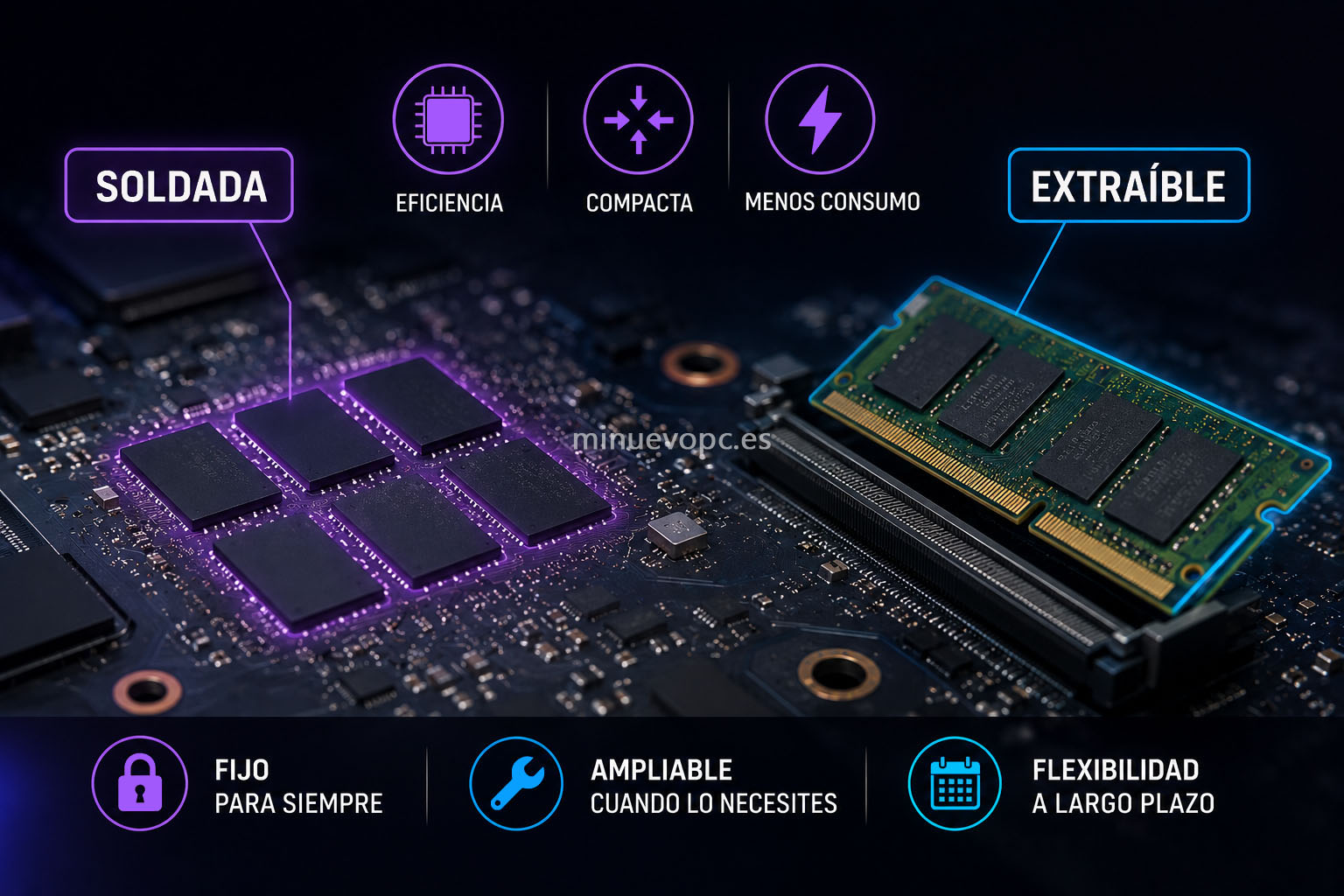 Portátil moderno mostrando de forma visual qué significa la RAM soldada frente a la memoria ampliable y cómo afecta a la vida útil del equipo