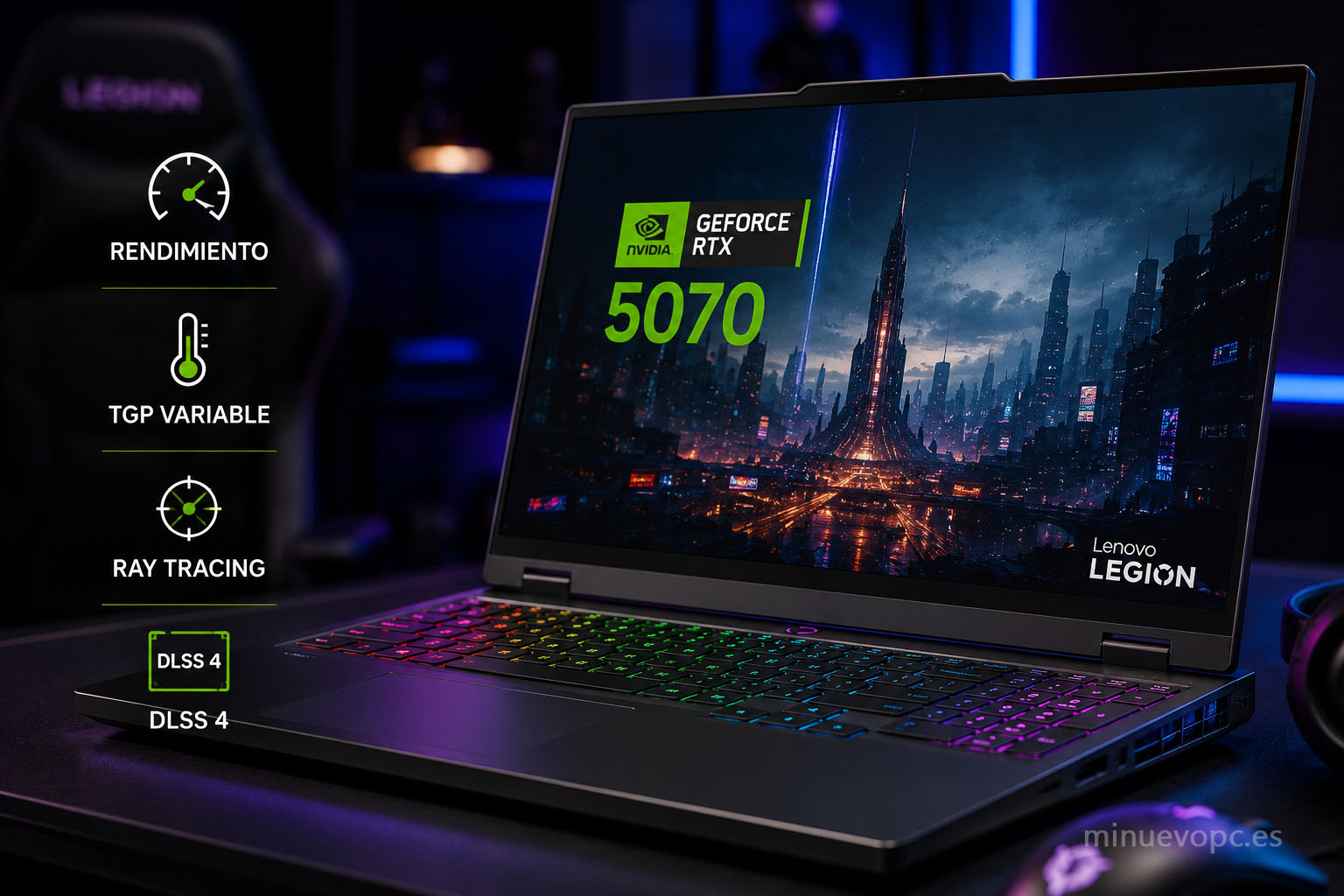 Portátil gaming con RTX 5070 mostrando el equilibrio entre potencia gráfica, TGP y rendimiento real para jugar en 1080p y 1440p