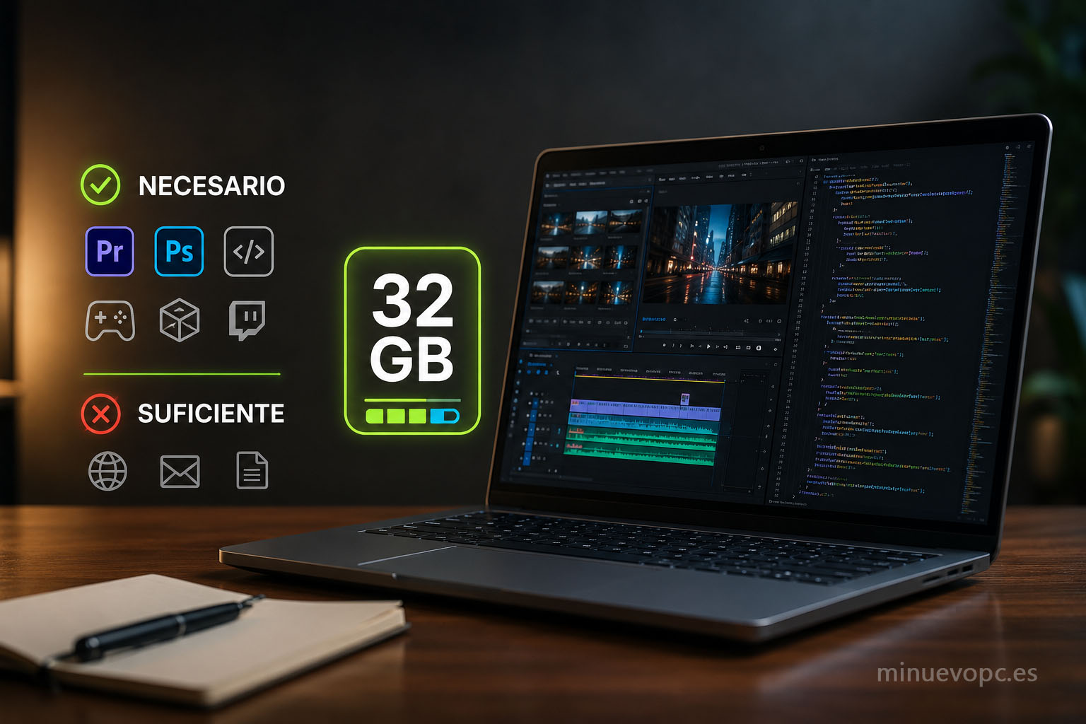 Pantalla con programas de edición y desarrollo abiertos junto a indicadores de rendimiento que muestran cuándo comprar 32 GB de RAM realmente merece la pena
