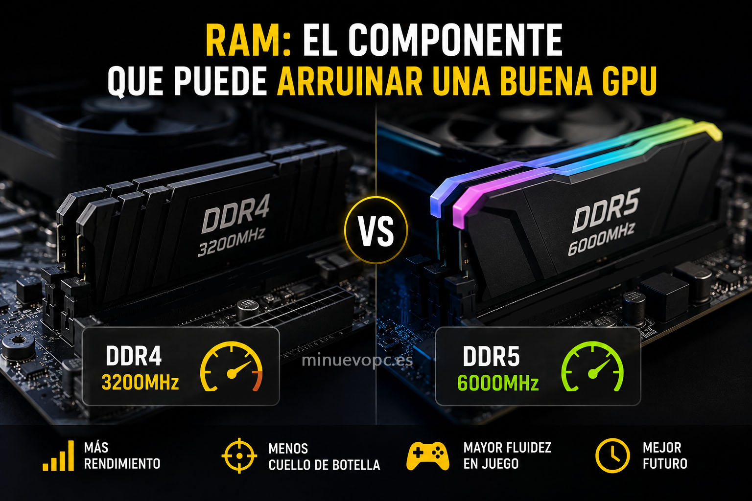 Comparación entre memoria DDR4 y DDR5 instalada sobre placa base mostrando cómo la velocidad de la RAM influye en el rendimiento gaming