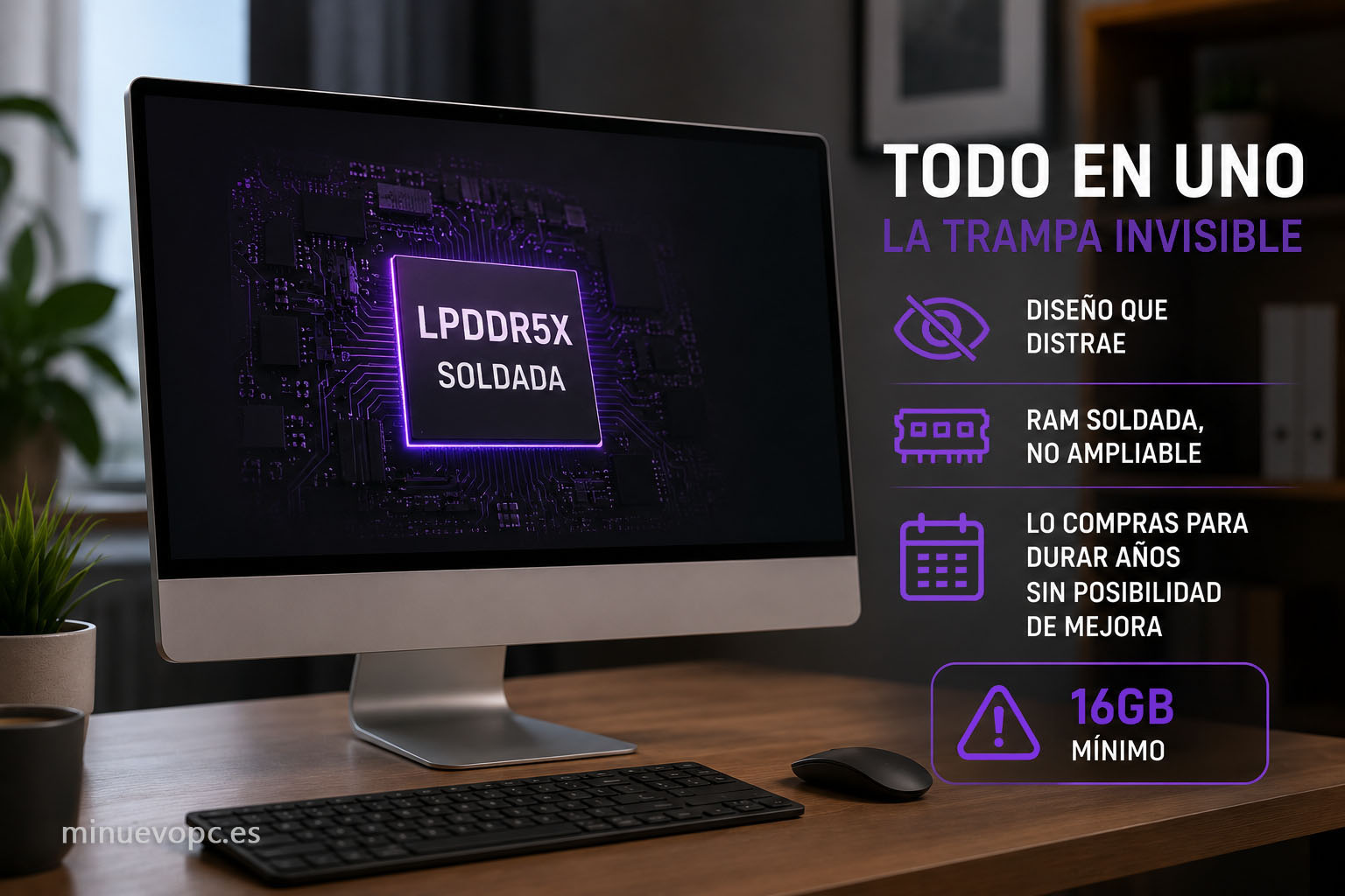 Ordenador todo en uno con memoria LPDDR5X soldada mostrando por qué es importante elegir al menos 16 GB de RAM antes de comprar