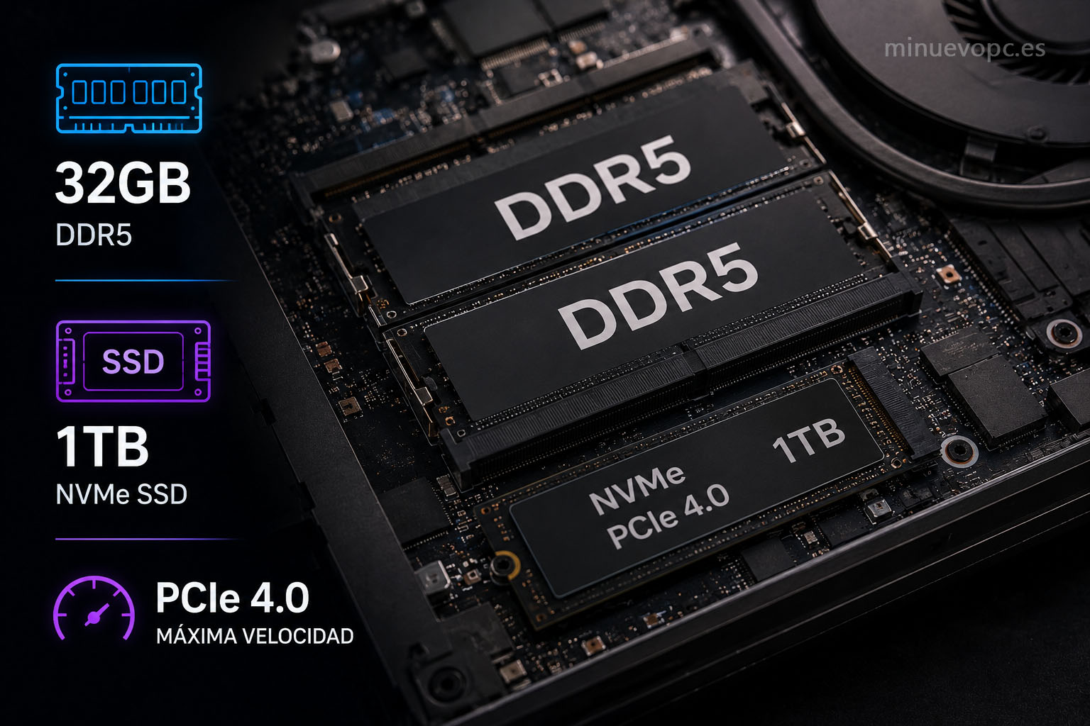 Portátil gaming con 32 GB de RAM DDR5 y SSD NVMe de 1 TB para cargar juegos rápido y ofrecer el mejor rendimiento multitarea