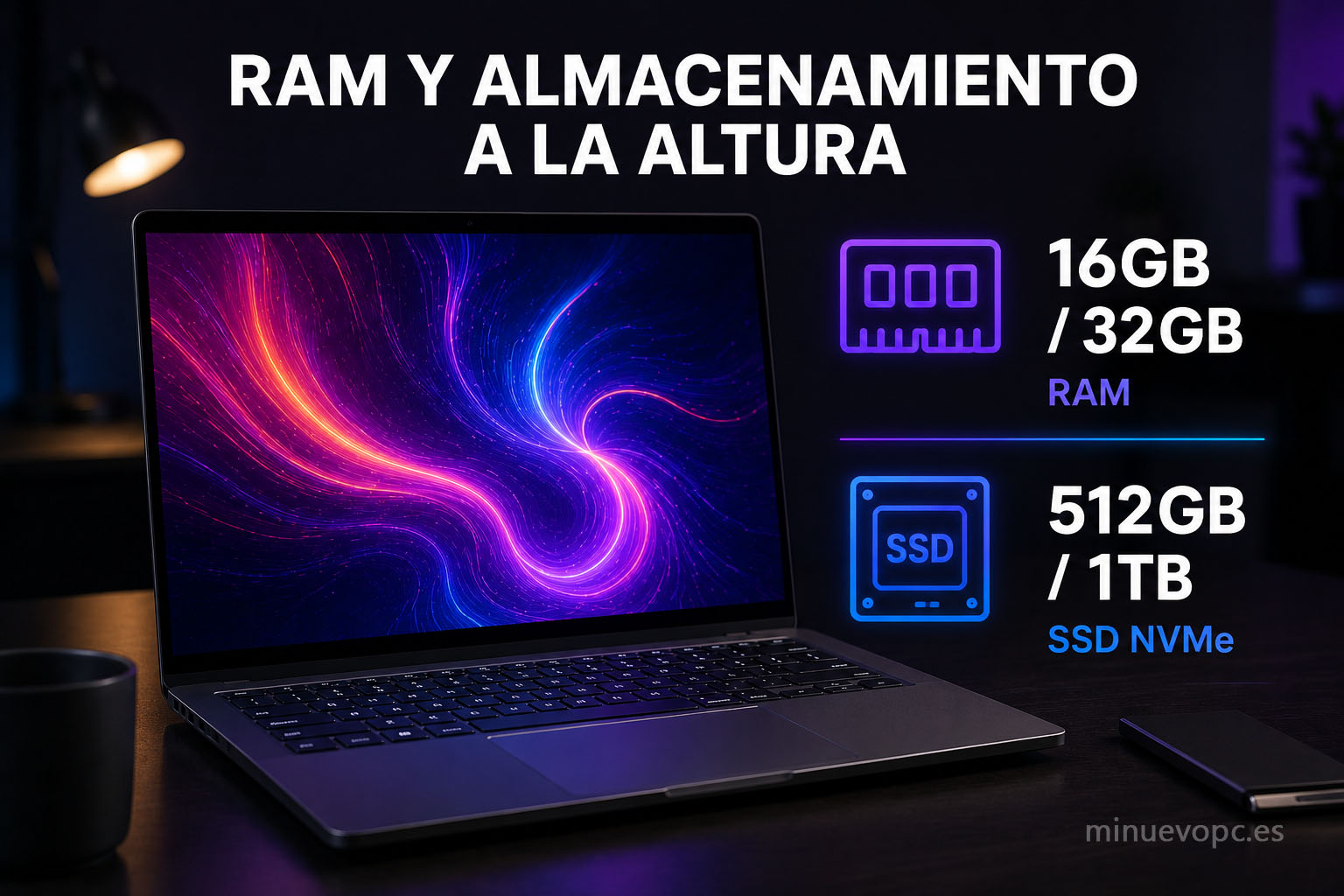 Portátil OLED con configuración de 16 GB o 32 GB de RAM y SSD NVMe de 512 GB o 1 TB para un rendimiento rápido y equilibrado
