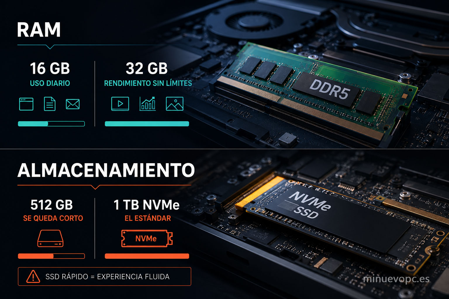 Memoria RAM y SSD NVMe junto a un portátil Acer para explicar la importancia de elegir suficiente almacenamiento y memoria para el futuro