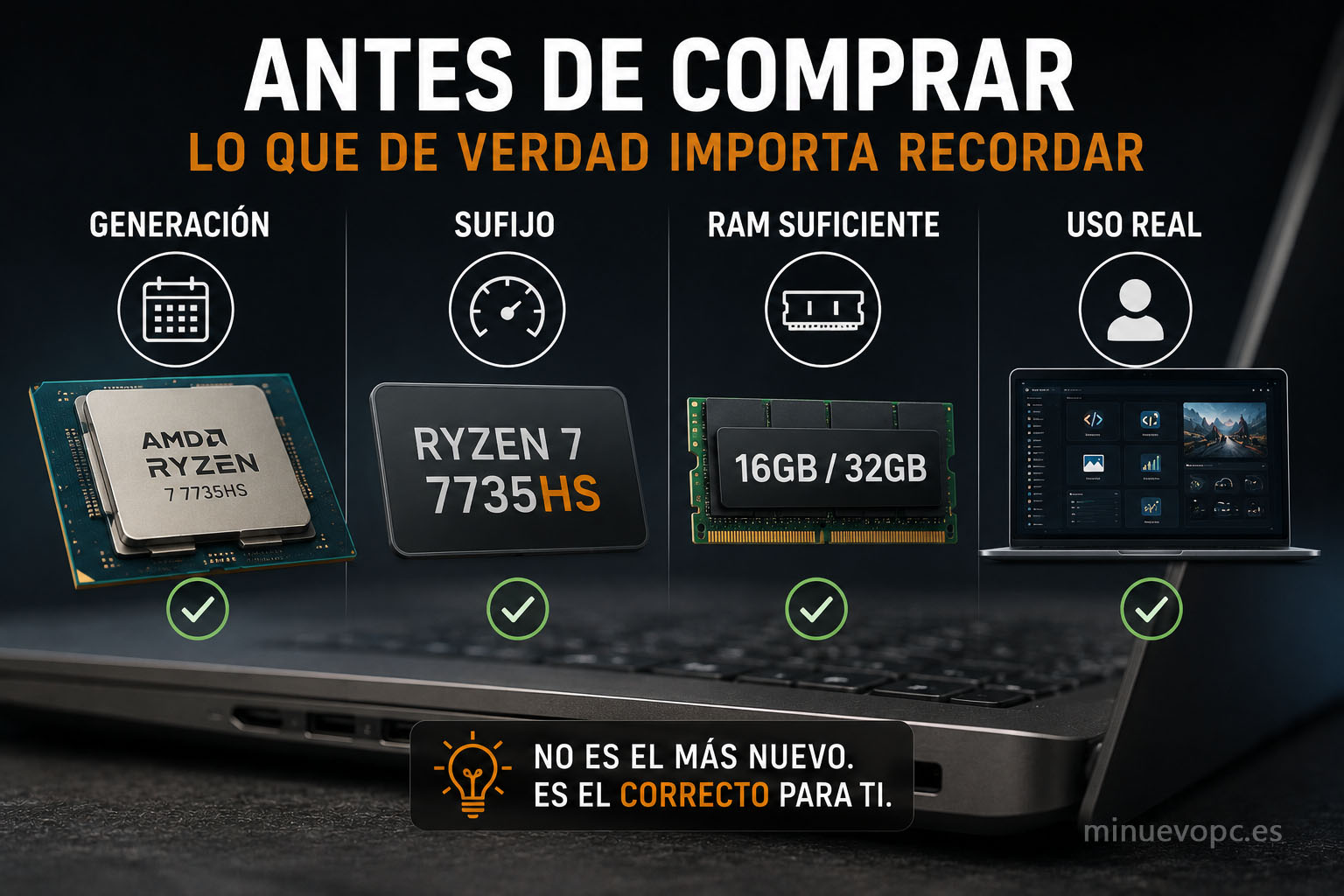 Imagen con procesador, memoria RAM y portátil moderno recordando qué aspectos revisar antes de comprar un portátil con buen rendimiento y larga vida útil
