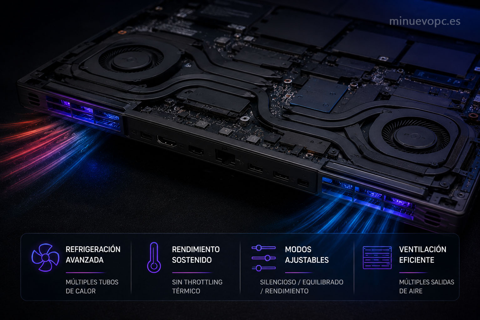 Sistema de refrigeración avanzado en portátil gaming con ventiladores y tubos de calor para mantener el máximo rendimiento sin throttling