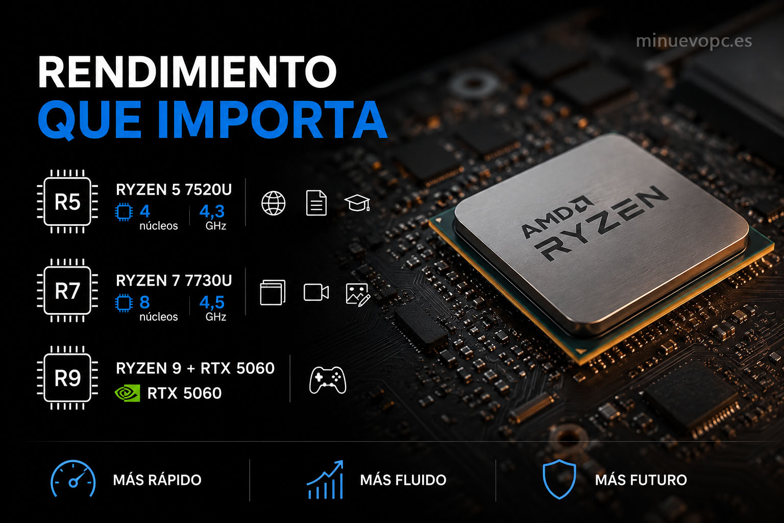 Primer plano de un procesador como protagonista con comparativa visual entre Ryzen 5 y Ryzen 7 para elegir mejor
