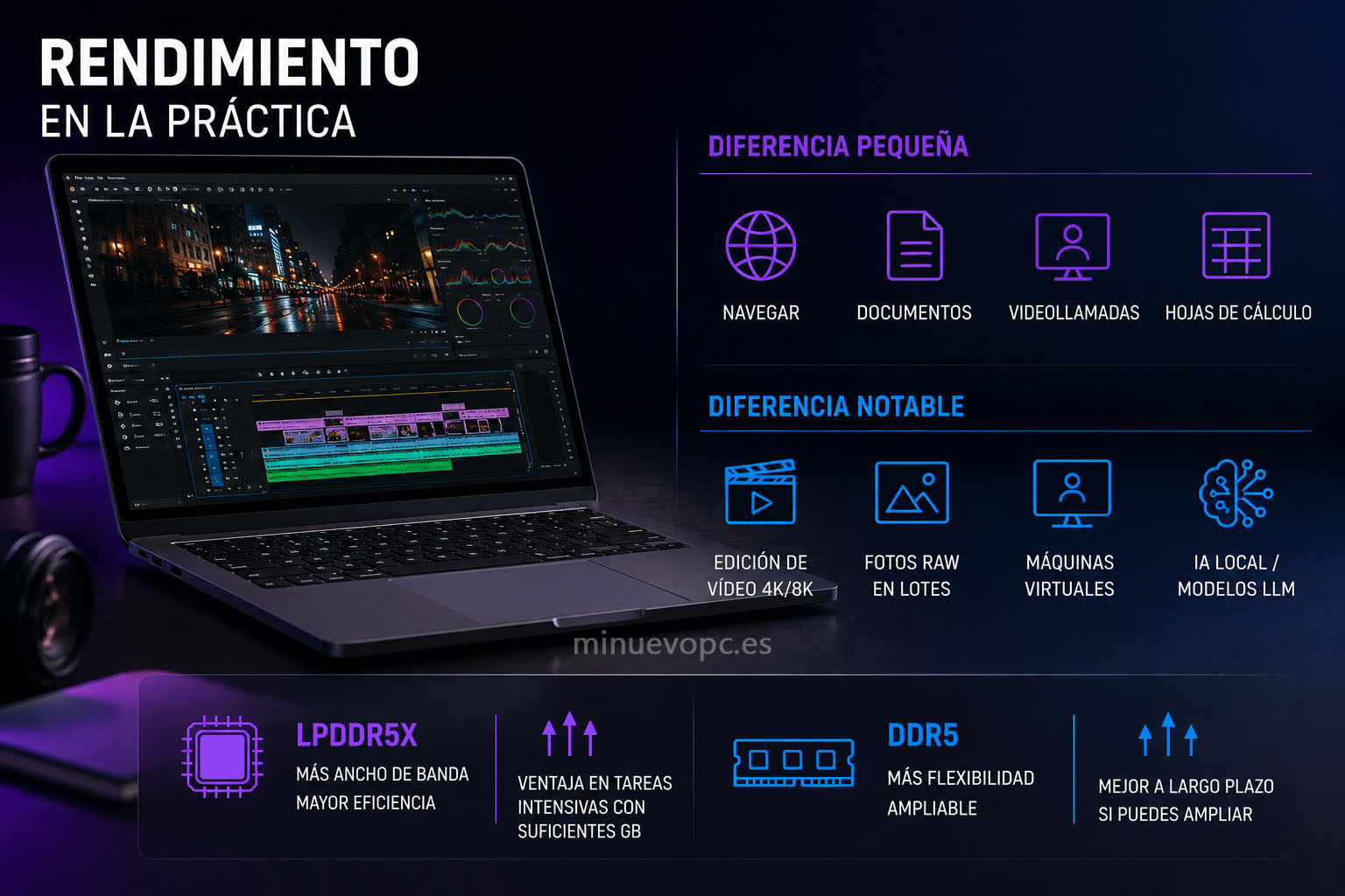 Rendimiento de LPDDR5X y DDR5 en edición de vídeo, IA local y multitarea para entender cuándo la diferencia realmente se nota