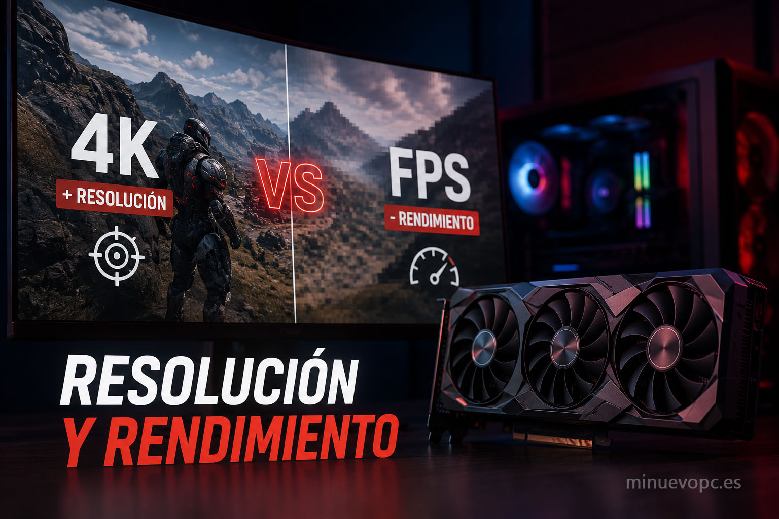 Equipo gaming con monitor mostrando resolución 4K y gráficos de rendimiento para entender cómo la resolución afecta a los FPS
