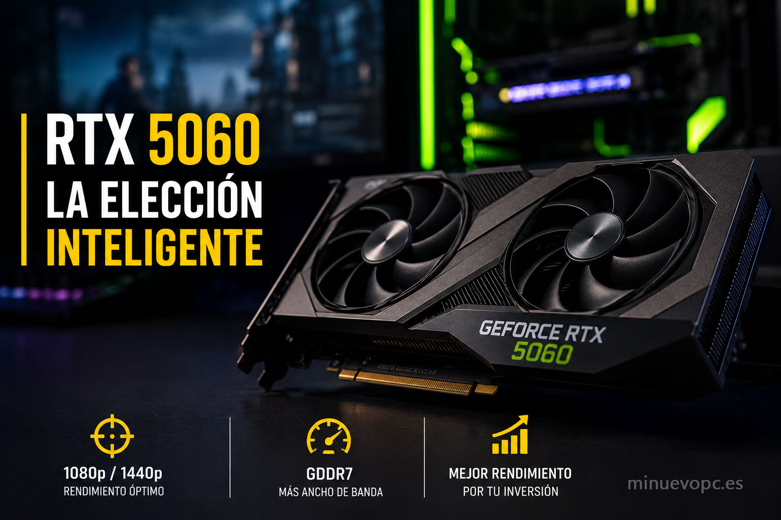Primer plano de una GeForce RTX 5060 integrada en un PC gaming destacando su equilibrio entre rendimiento, eficiencia y calidad precio para jugar