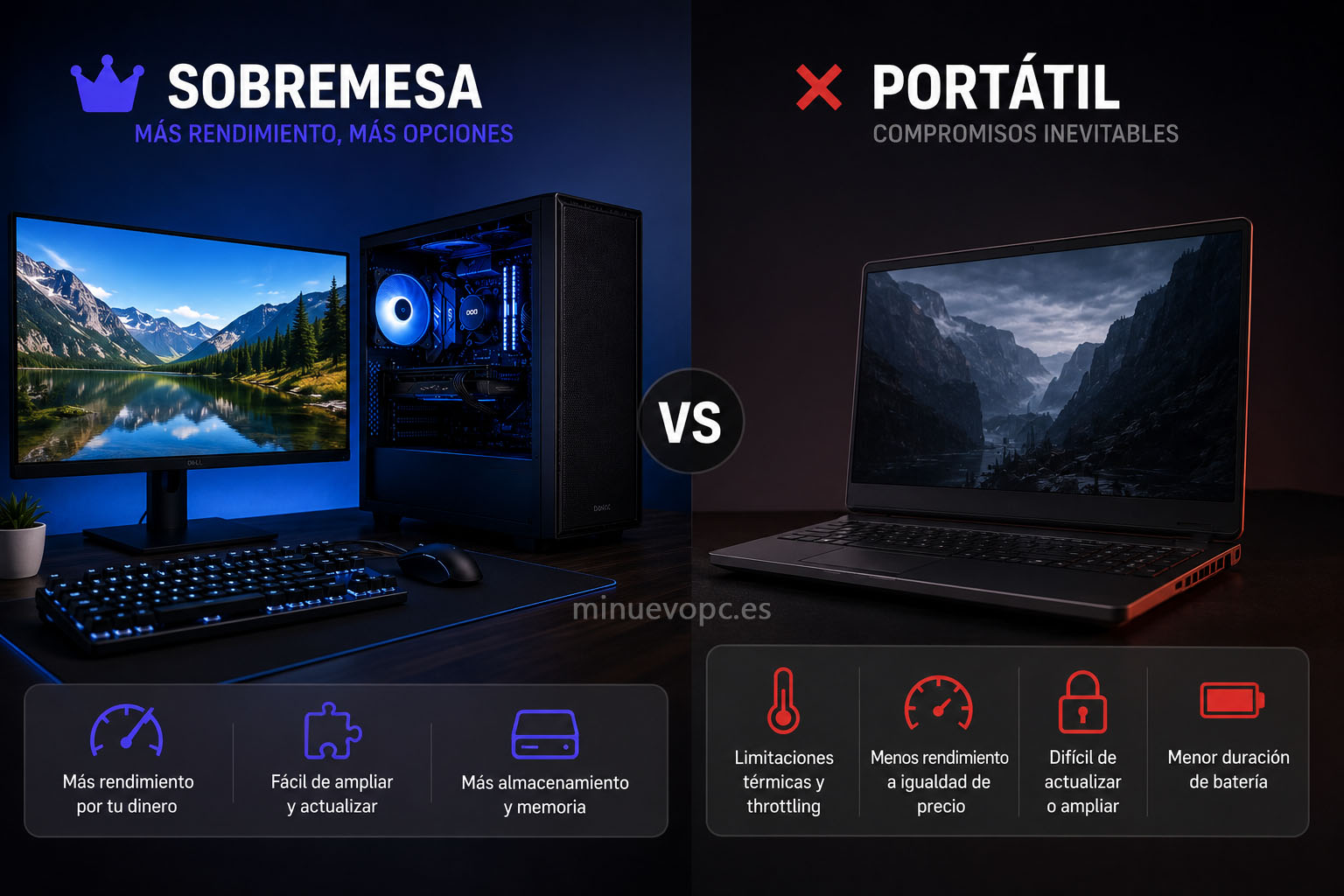 Comparativa entre un PC de sobremesa y un portátil mostrando las ventajas del ordenador de escritorio en rendimiento, refrigeración y ampliación