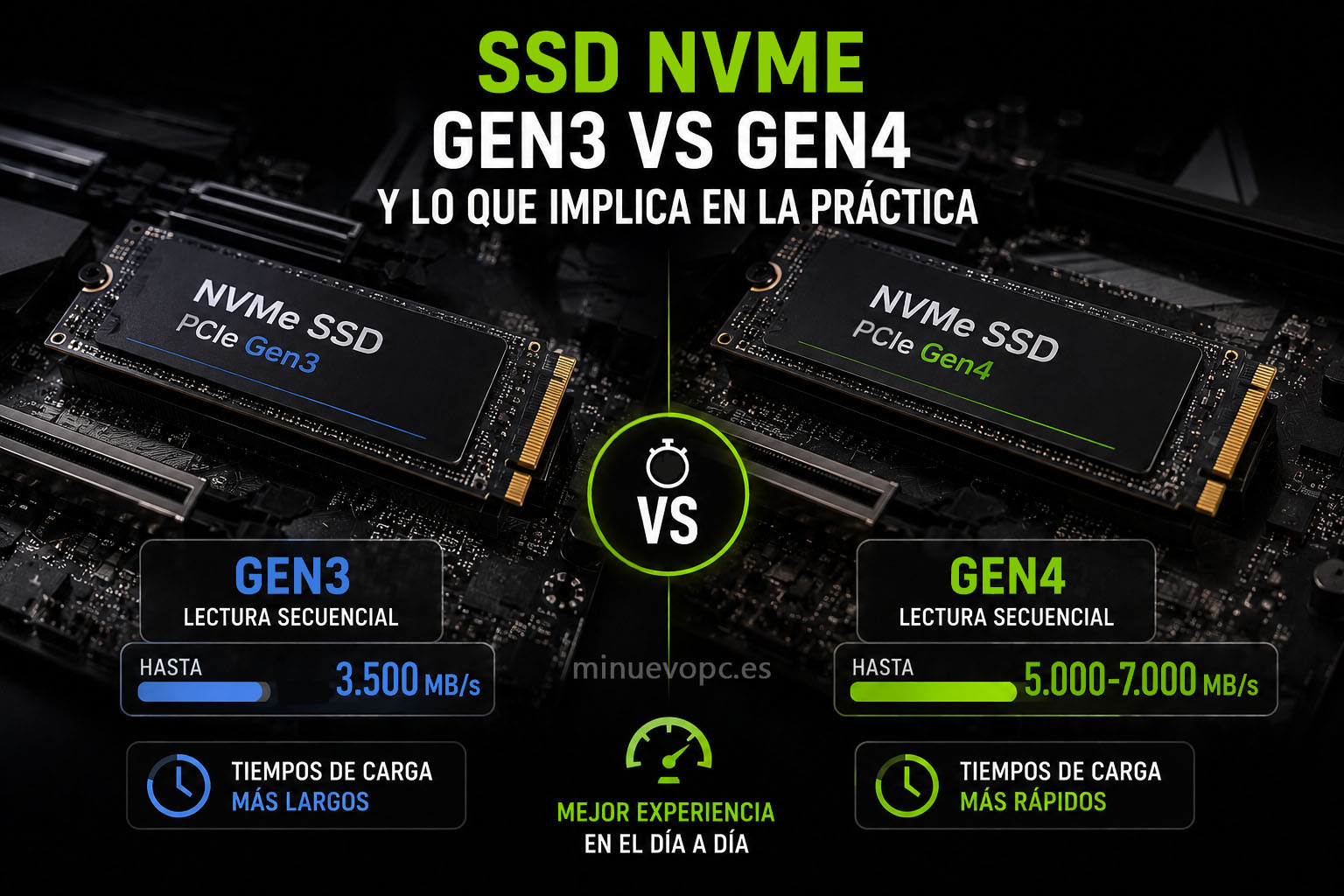 Dos SSD NVMe Gen3 y Gen4 sobre una placa base comparando velocidad de lectura y tiempos de carga en un PC gaming moderno