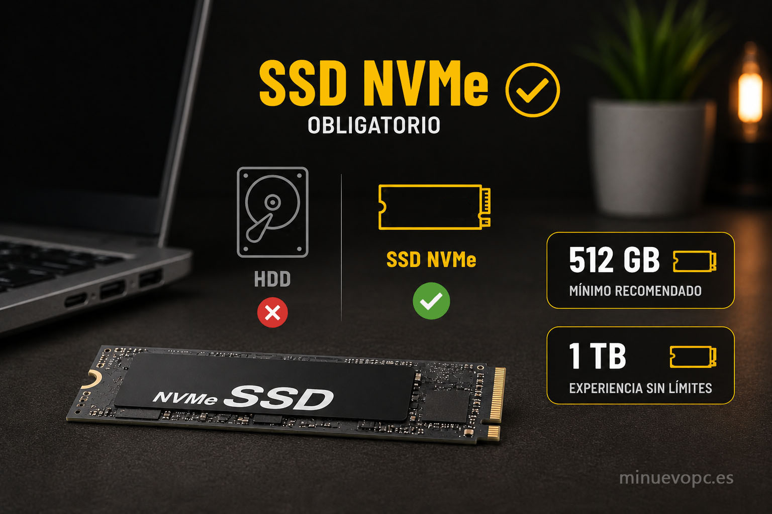 Unidad SSD NVMe junto a un ordenador moderno destacando por qué 512 GB o 1 TB son la opción más recomendable para un uso diario fluido