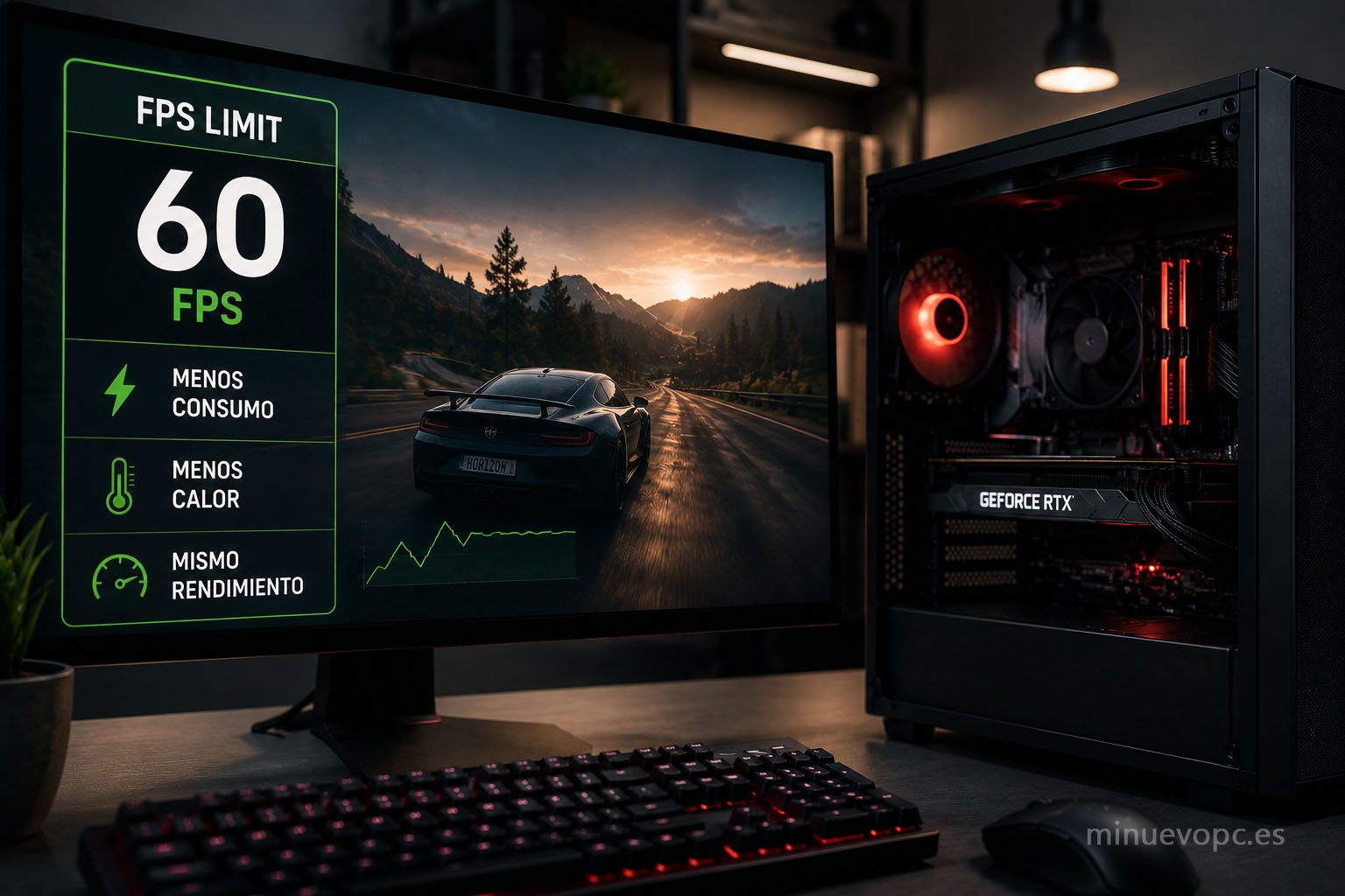 PC gaming con limitador de FPS activado para reducir el consumo de la tarjeta gráfica sin perder fluidez durante las partidas