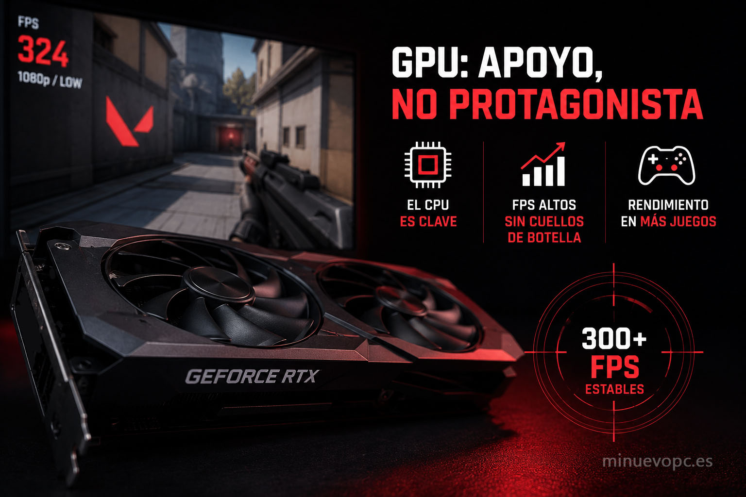 Tarjeta gráfica de última generación en un PC gaming con indicadores de rendimiento para quienes buscan calidad precio sin gastar de más en Valorant