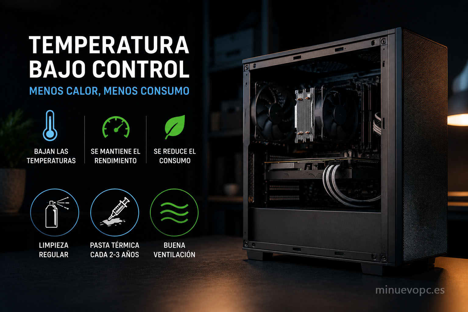 PC de sobremesa con buena refrigeración mostrando cómo reducir temperatura, mejorar la eficiencia y consumir menos energía con mantenimiento básico