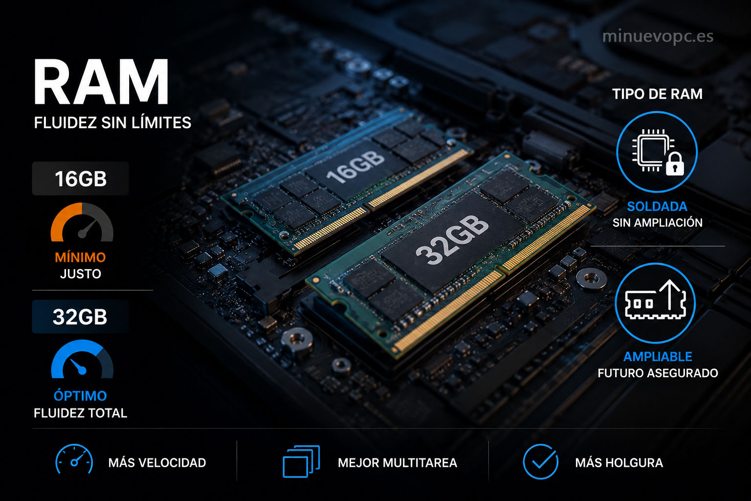 Detalle del interior de un portátil con módulos de memoria RAM y gráficos que explican por qué 32 GB proporcionan una velocidad más fluida
