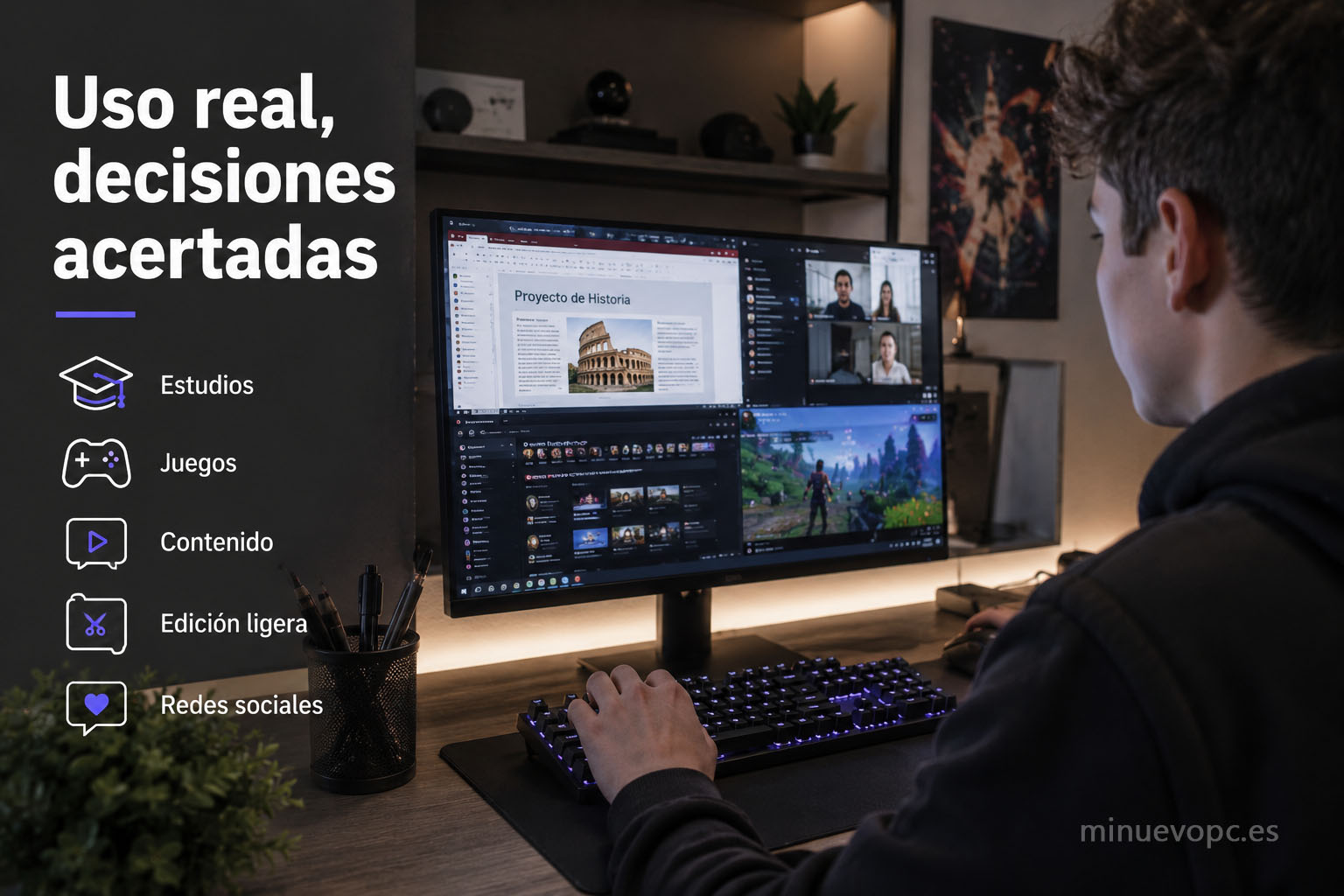 Adolescente utilizando un PC de sobremesa con varias tareas abiertas, reflejando el uso real de un ordenador para estudiar, redes sociales y juegos
