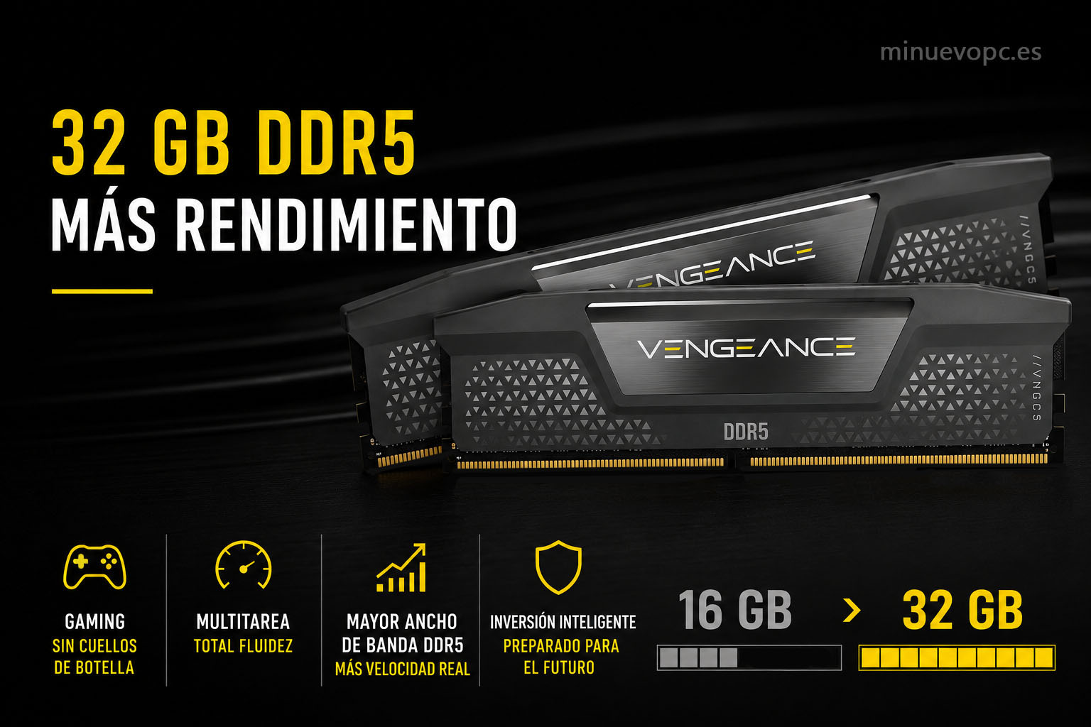 Dos módulos de RAM DDR5 32 GB en una comparativa visual sobre ancho de banda y rendimiento frente a utilizar un solo módulo de 16 GB