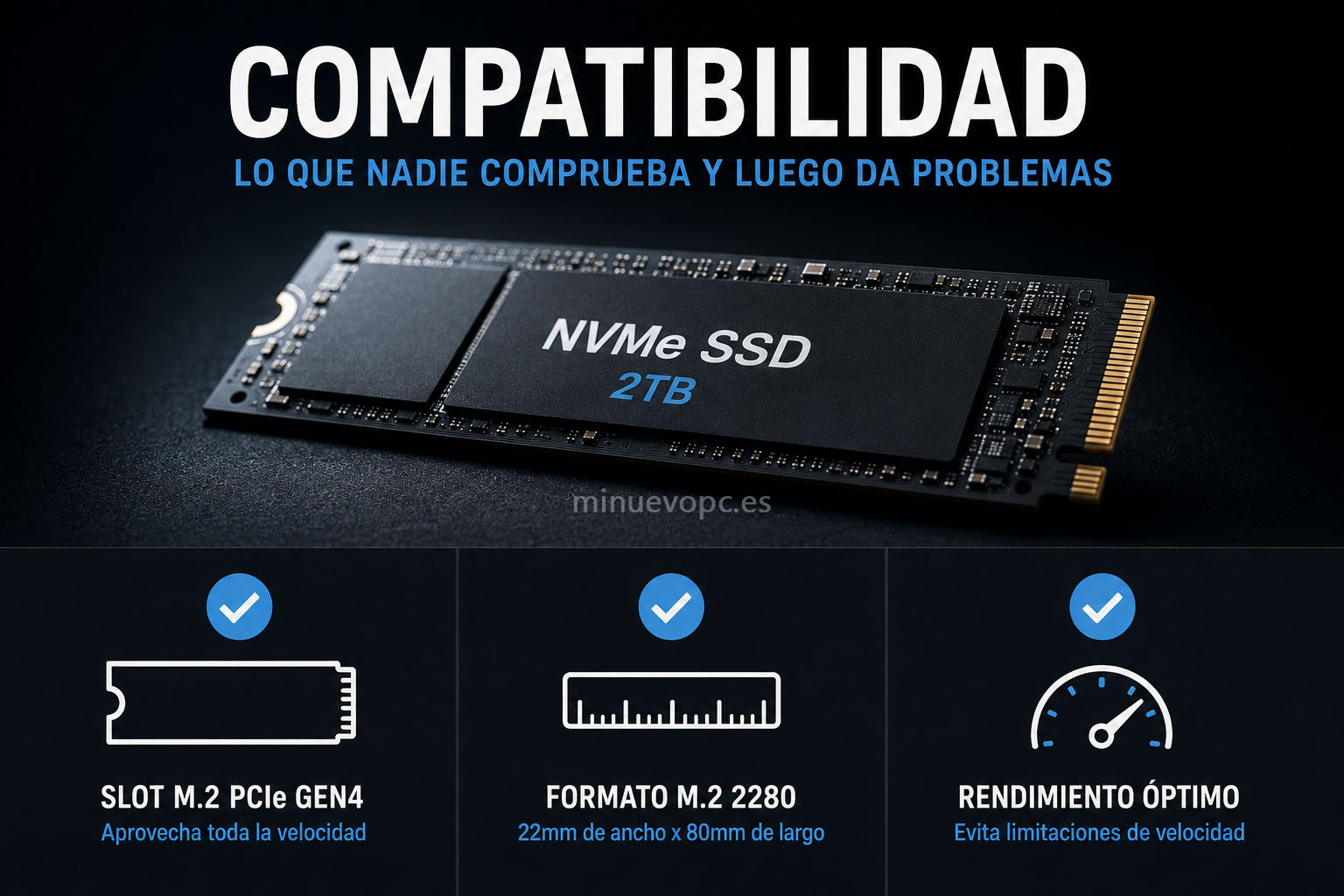 Módulo M.2 2280 acompañado de referencias visuales sobre formato, interfaz PCIe y rendimiento para evitar problemas de instalación