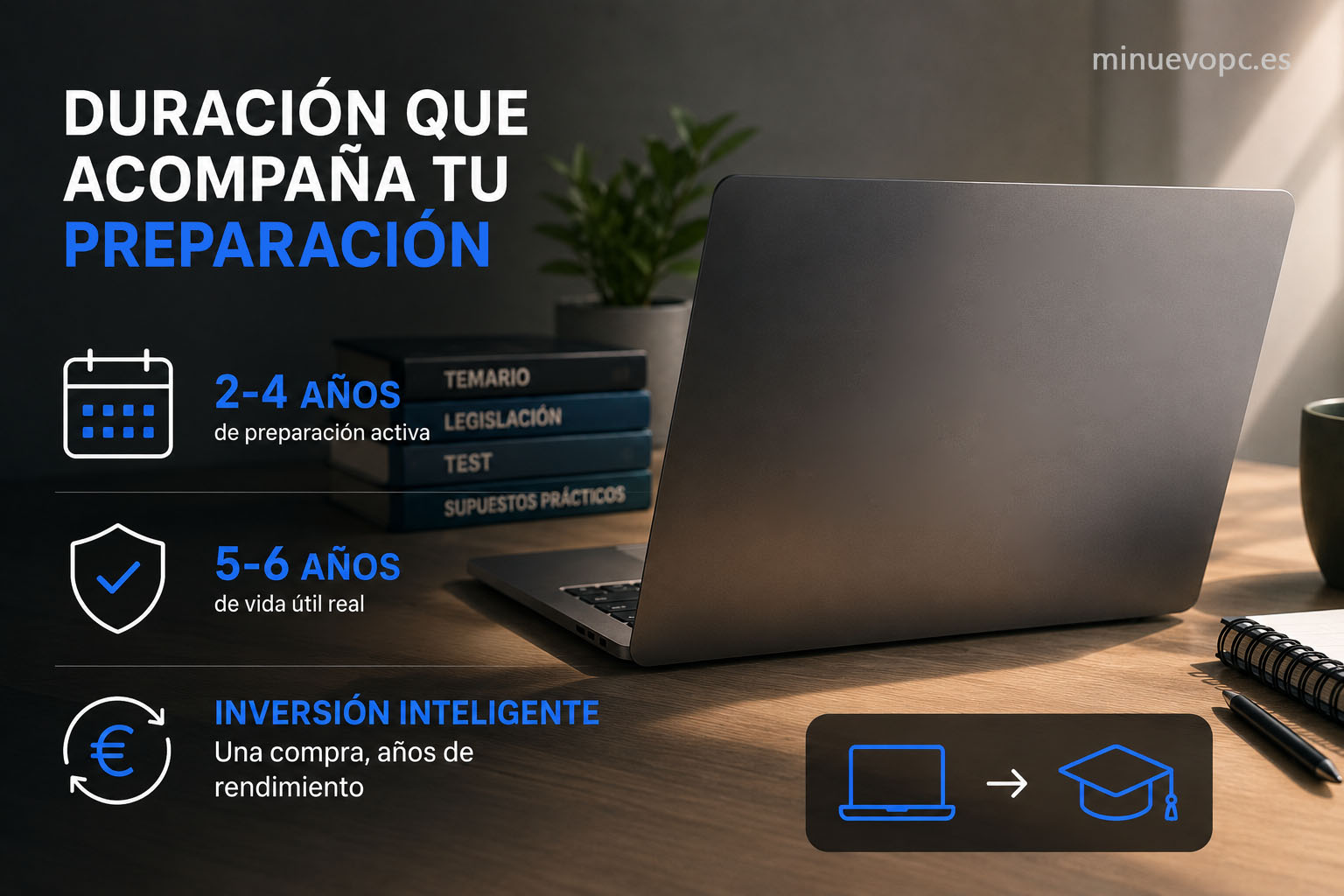 Ordenador portátil sobre un escritorio con libros de temario y referencias de duración, planteado como una inversión para años de preparación y buena calidad precio
