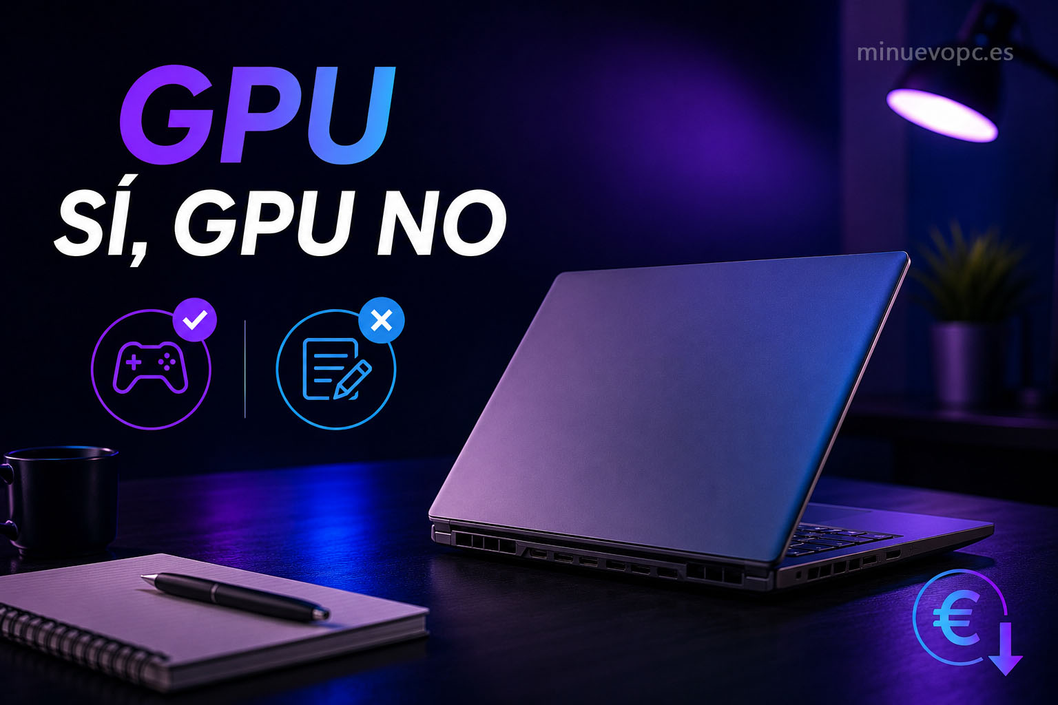 Portátil MSI sobre escritorio, acompañado de iconos de gaming y trabajo para entender cuándo compensa una GPU dedicada y cuándo ahorrar