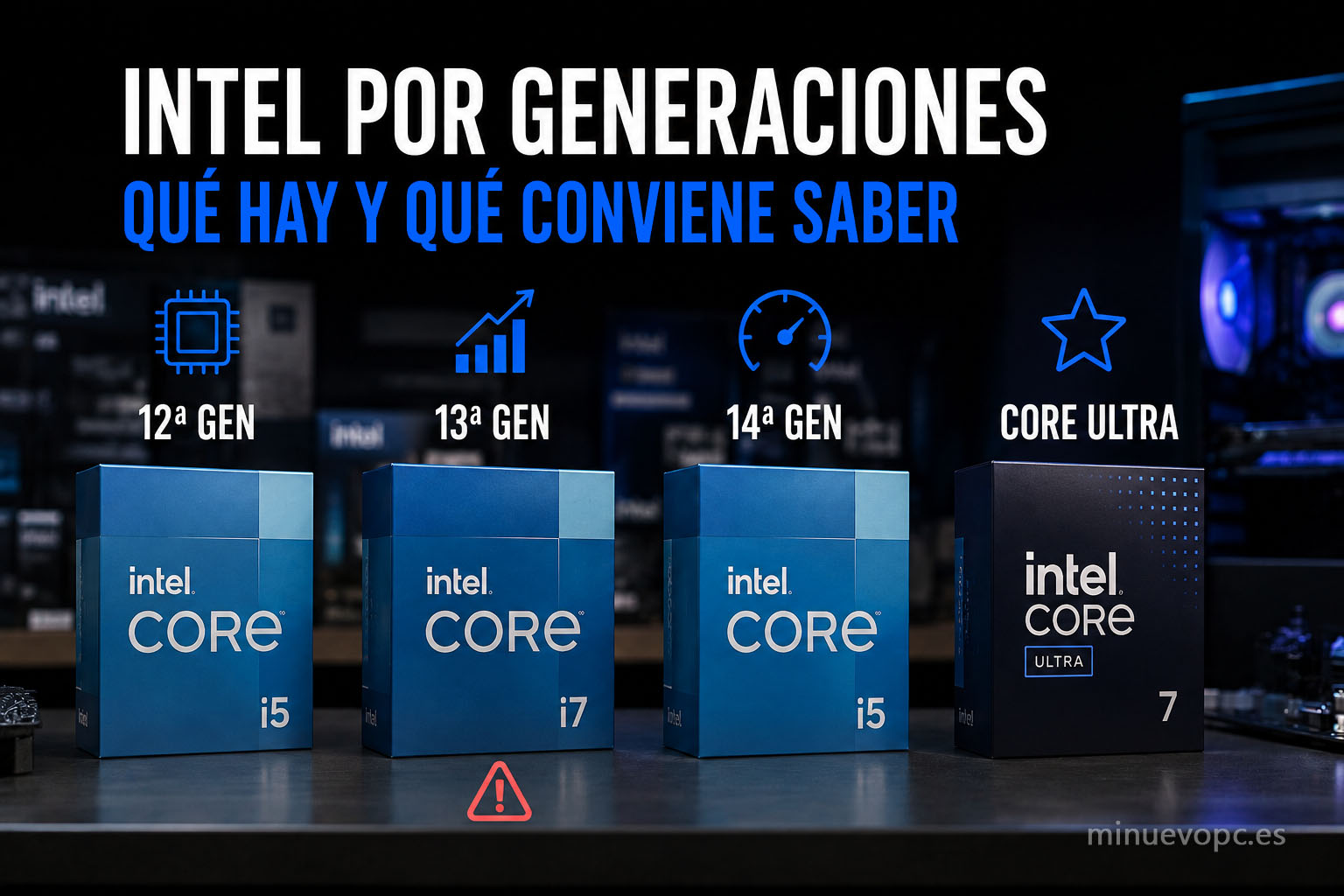 Cuatro procesadores Intel Core representan las distintas generaciones y la evolución hasta Core Ultra en PCs de sobremesa