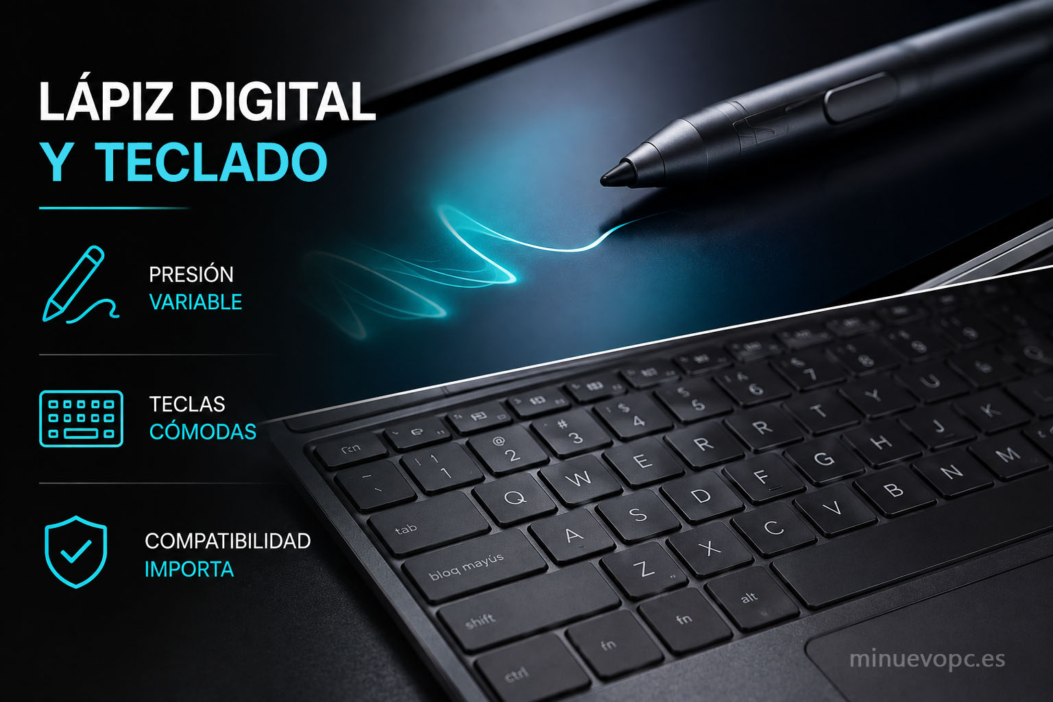 Stylus activo y teclado de portátil convertible en primer plano, destacando presión variable, comodidad de escritura y compatibilidad antes de comprar