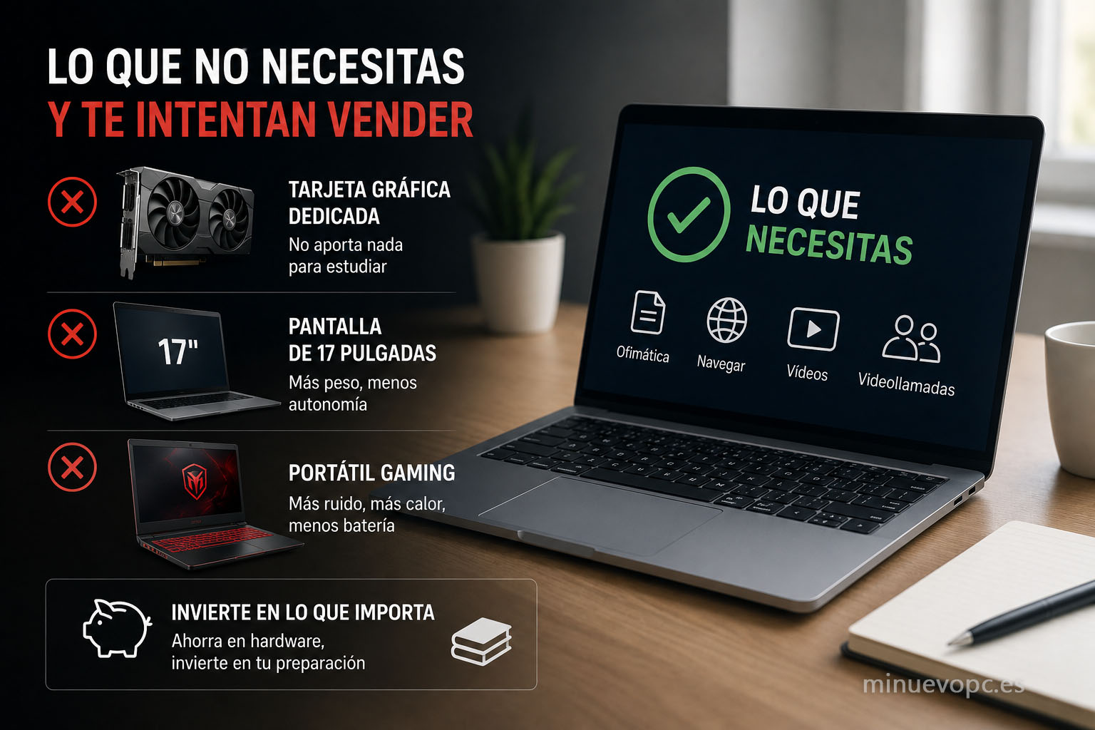 Portátil de trabajo junto a una tarjeta gráfica, un equipo gaming y una pantalla de 17 pulgadas, mostrando qué extras evitar al comprar para estudiar oposiciones