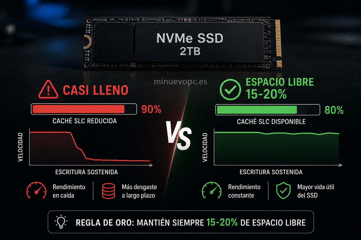Comparación visual entre una unidad casi llena y otra con espacio libre para mantener un rendimiento sostenido