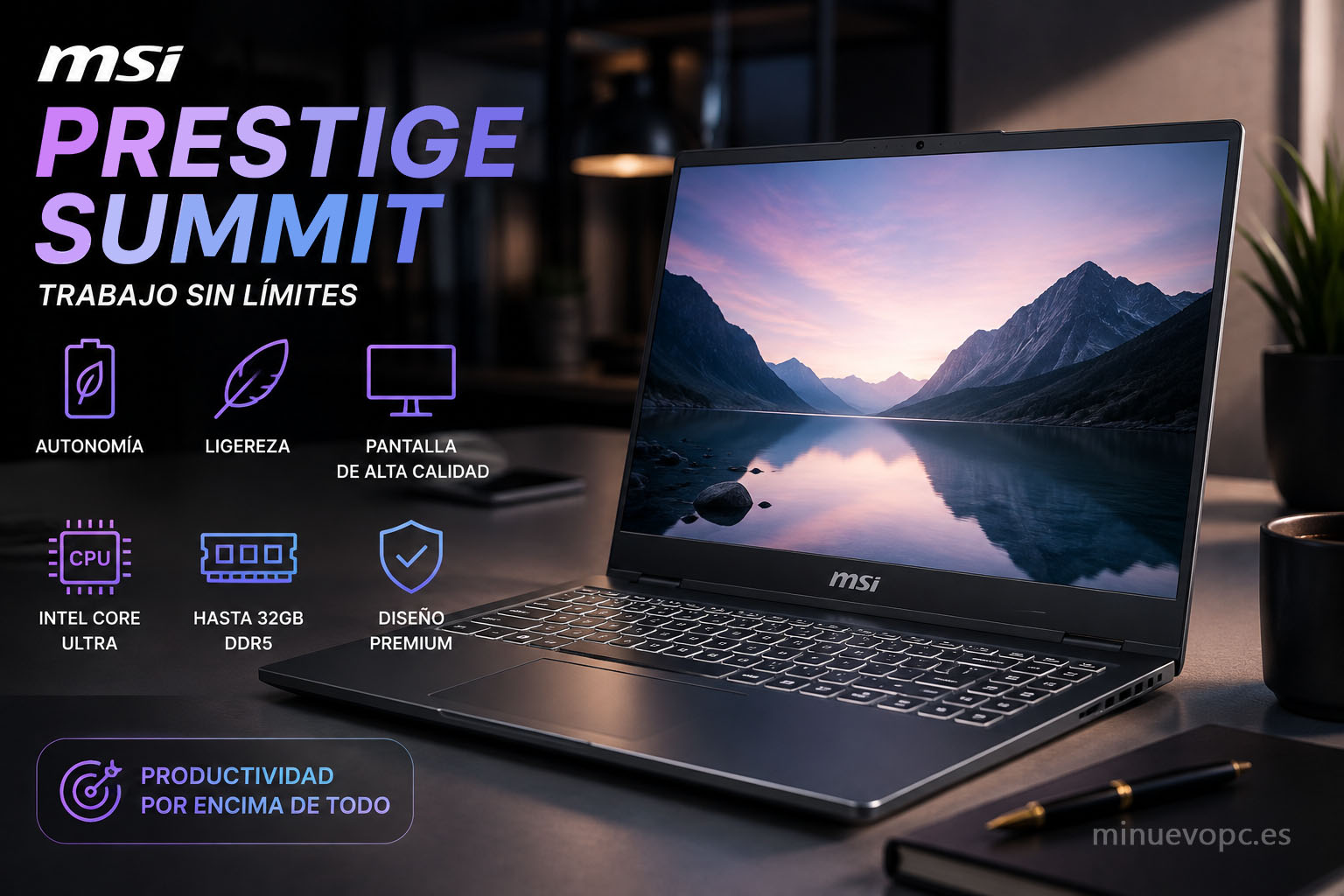 MSI Prestige y Summit en un escritorio de oficina, con pantalla de alta calidad y enfoque productivo