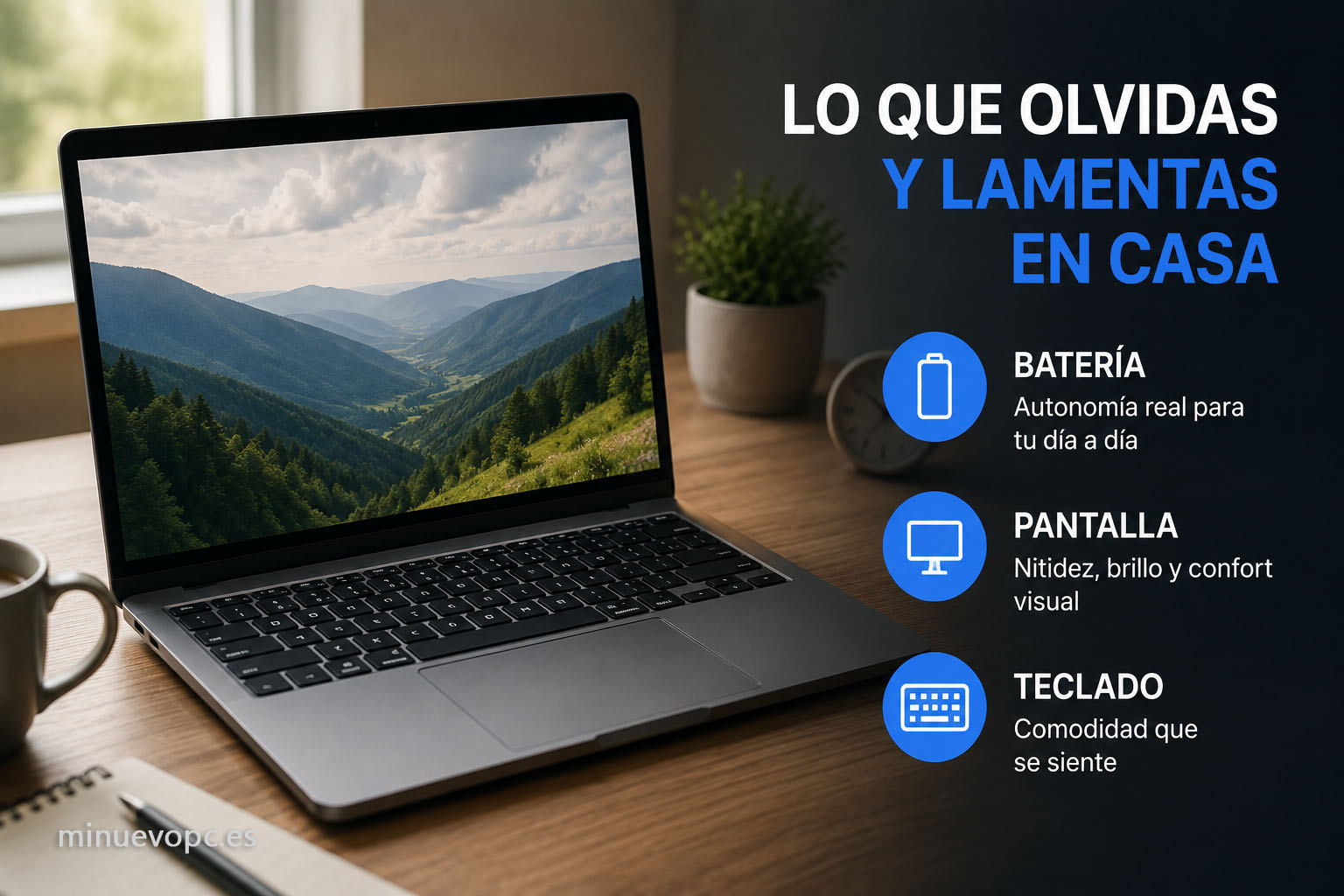 Portátil en un escritorio luminoso con iconos de batería, pantalla y teclado, destacando autonomía, nitidez y comodidad para largas sesiones de estudio