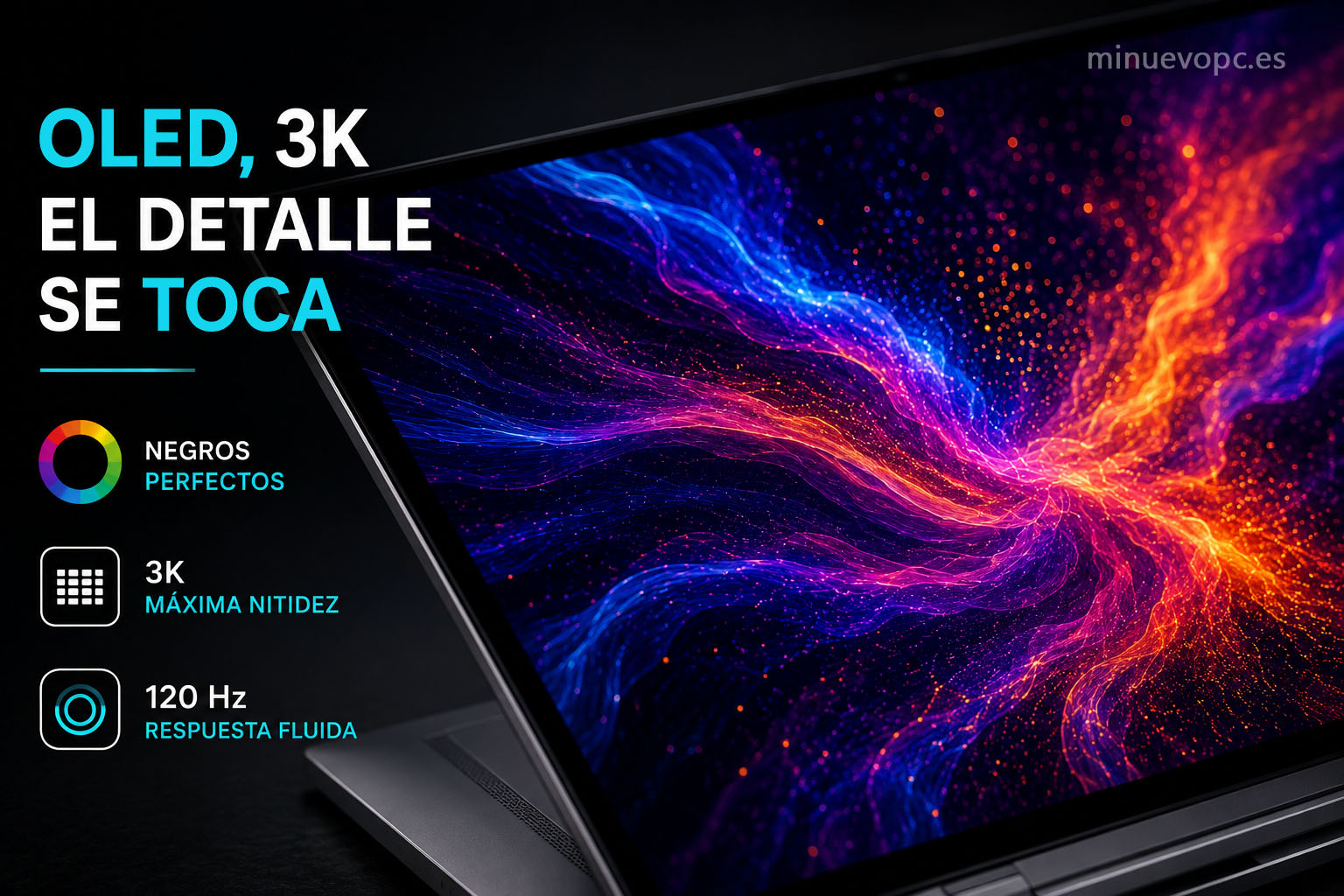 Primer plano de pantalla OLED 3K en un portátil convertible con colores intensos, negros profundos y respuesta fluida para elegir mejor